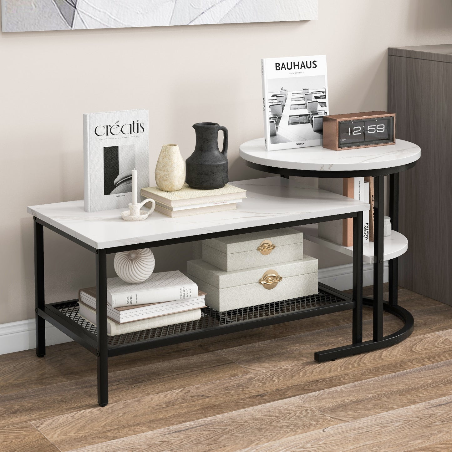 Set of 2 Nesting Coffee Table with Extra Storage Shelf for Living Room - Fully Assembled