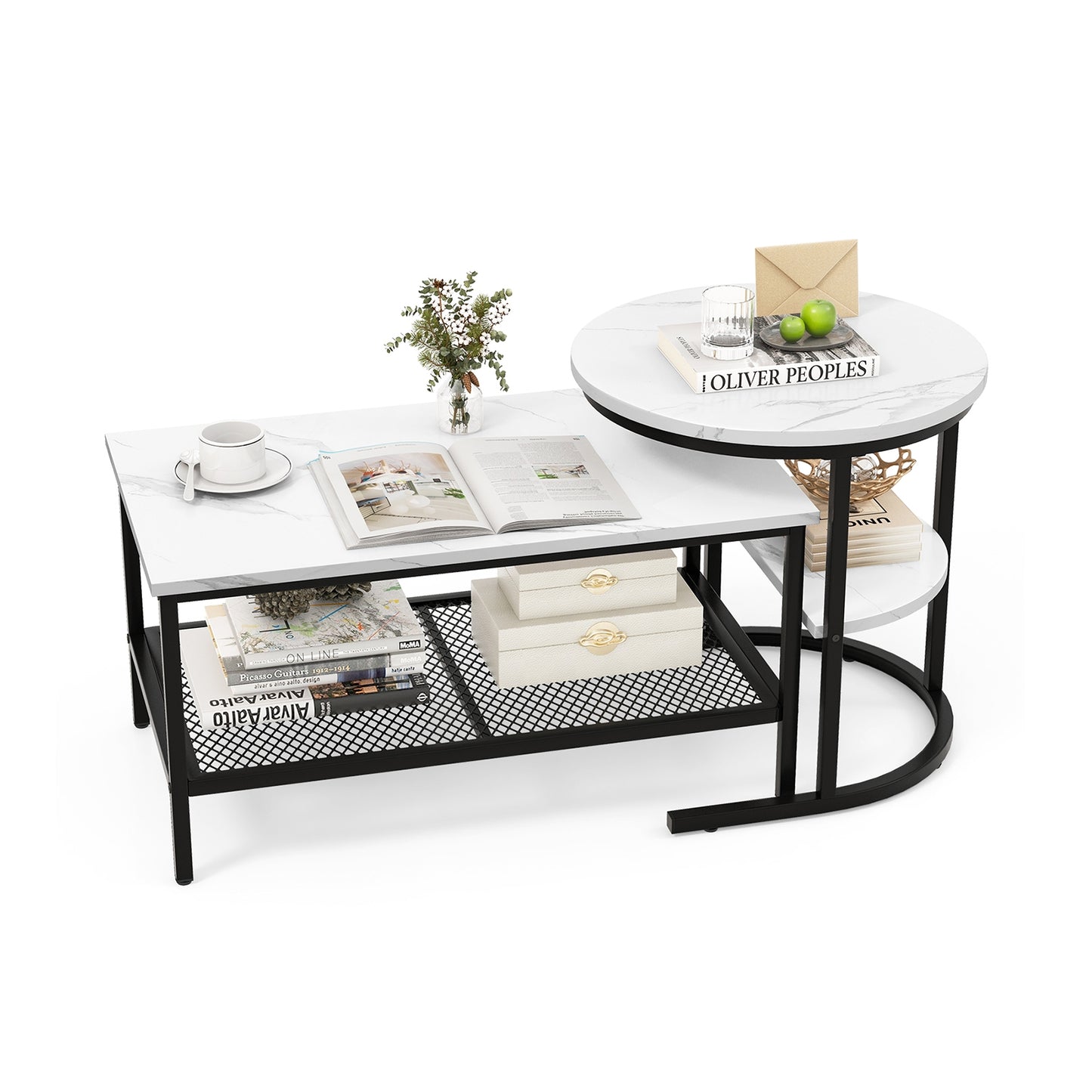 Set of 2 Nesting Coffee Table with Extra Storage Shelf for Living Room - Fully Assembled