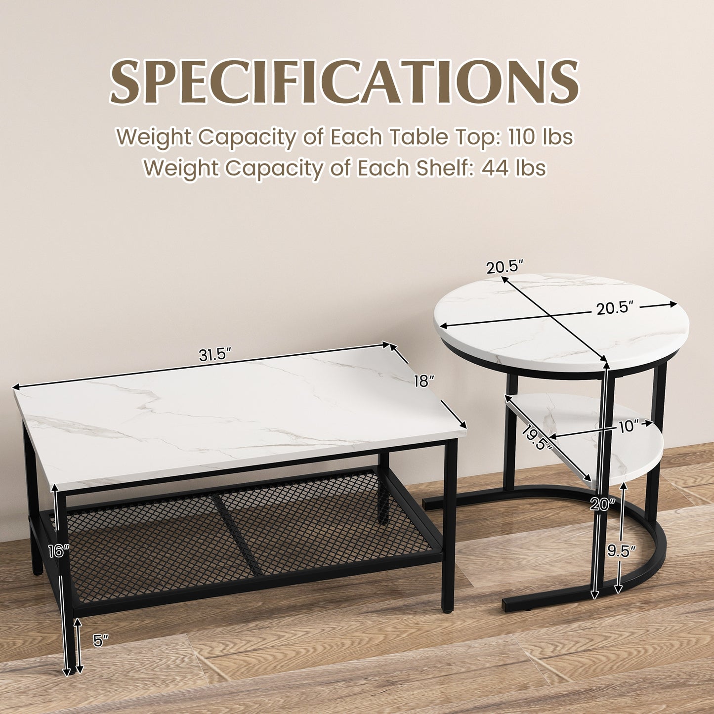 Set of 2 Nesting Coffee Table with Extra Storage Shelf for Living Room - Fully Assembled