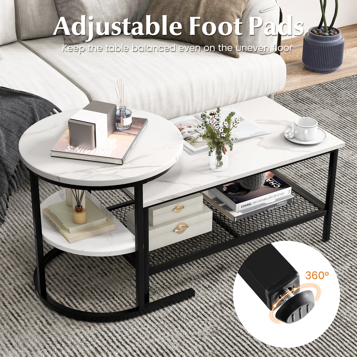 Set of 2 Nesting Coffee Table with Extra Storage Shelf for Living Room - Fully Assembled