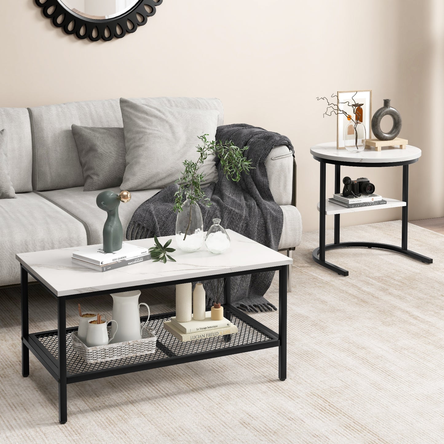 Set of 2 Nesting Coffee Table with Extra Storage Shelf for Living Room - Fully Assembled