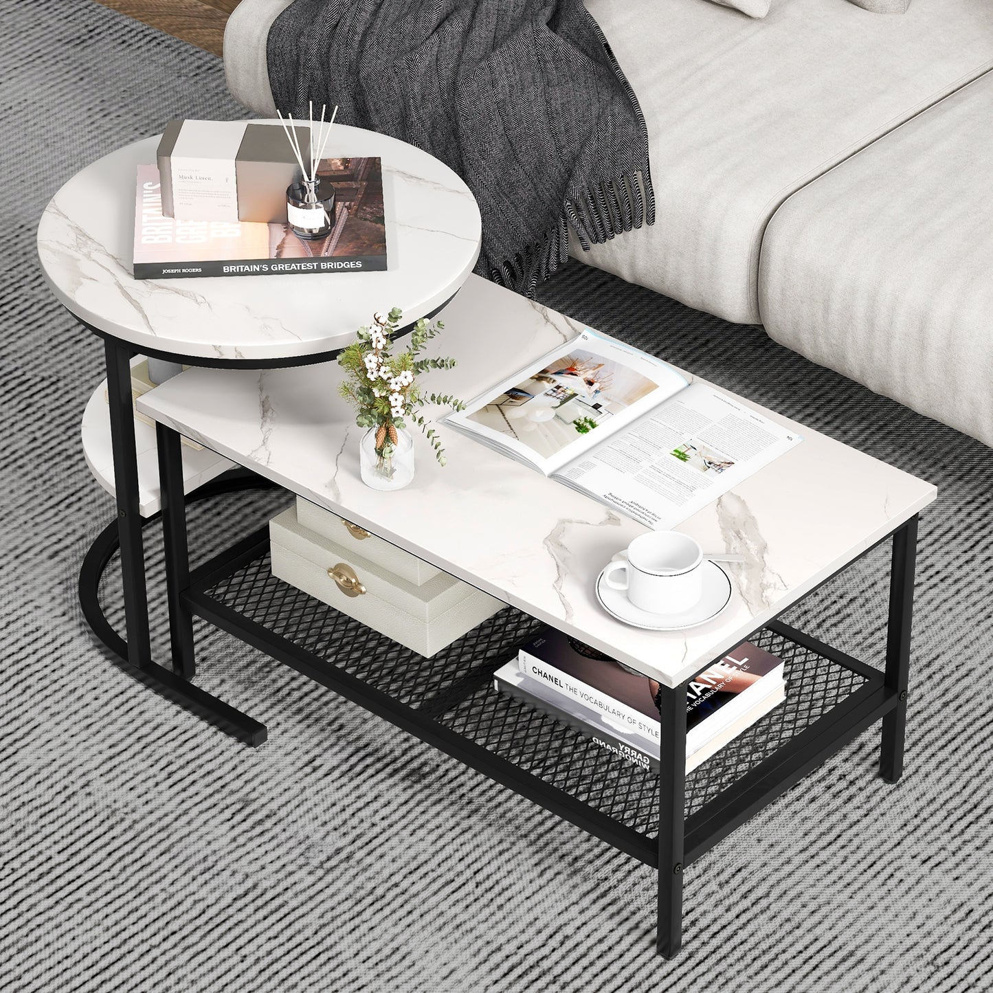 Set of 2 Nesting Coffee Table with Extra Storage Shelf for Living Room - Fully Assembled