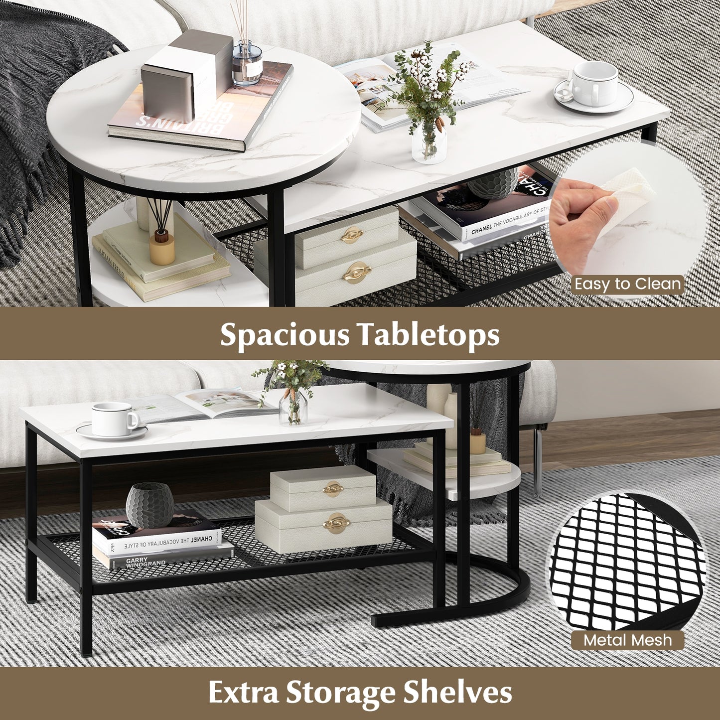 Set of 2 Nesting Coffee Table with Extra Storage Shelf for Living Room - Fully Assembled