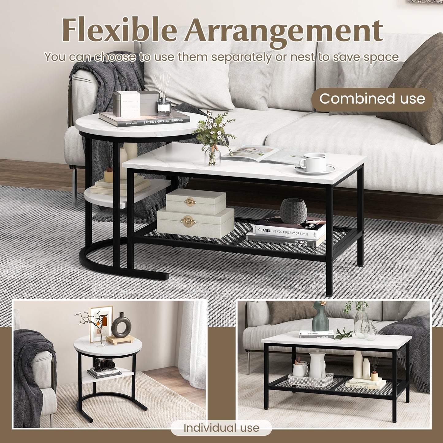 Set of 2 Nesting Coffee Table with Extra Storage Shelf for Living Room - Fully Assembled