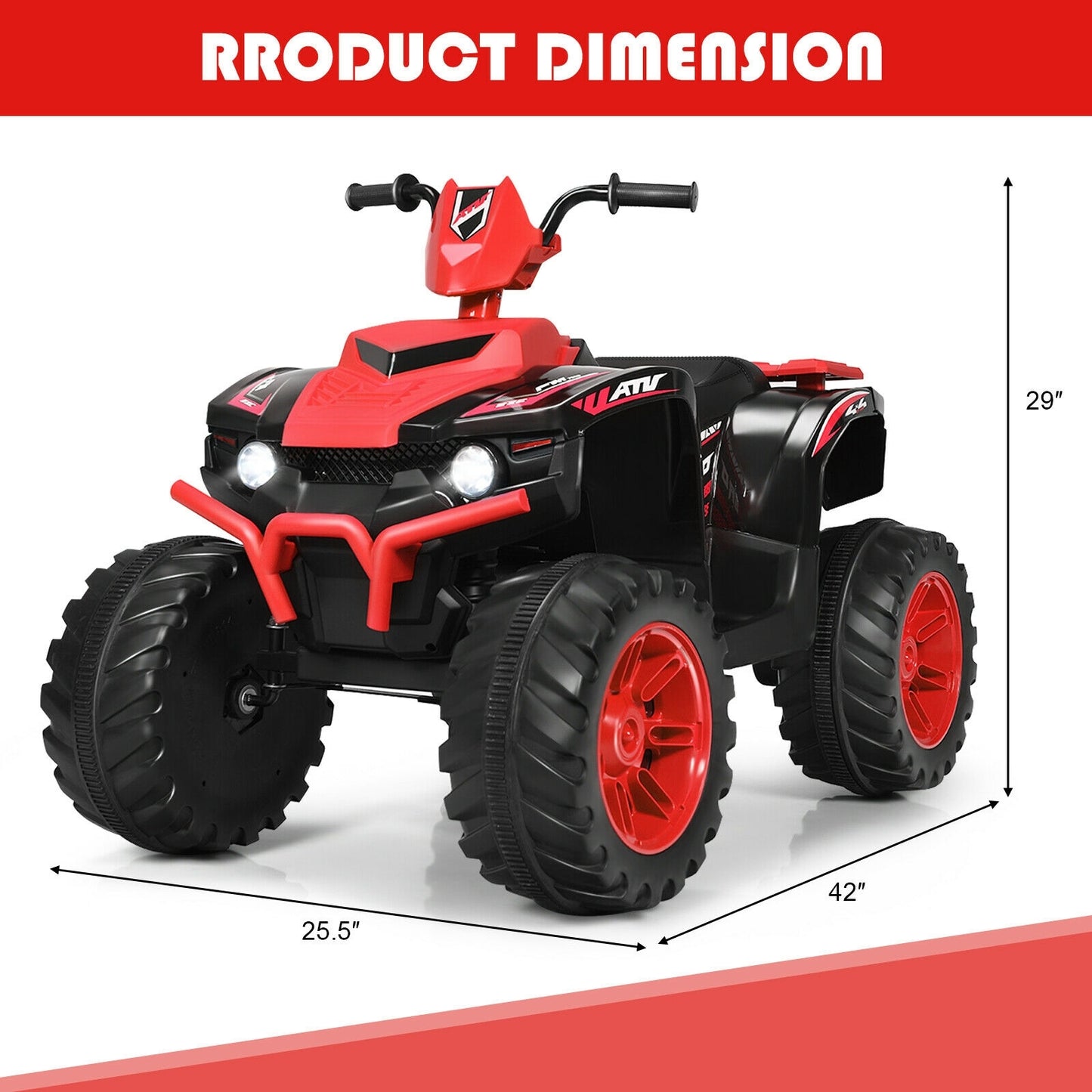 12V Kids Ride on ATV with LED Lights and Treaded Tires and LED lights-Red, FULLY ASSEMBLED