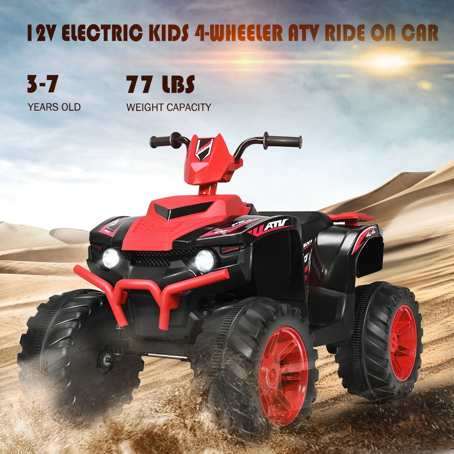 12V Kids Ride on ATV with LED Lights and Treaded Tires and LED lights-Red, FULLY ASSEMBLED