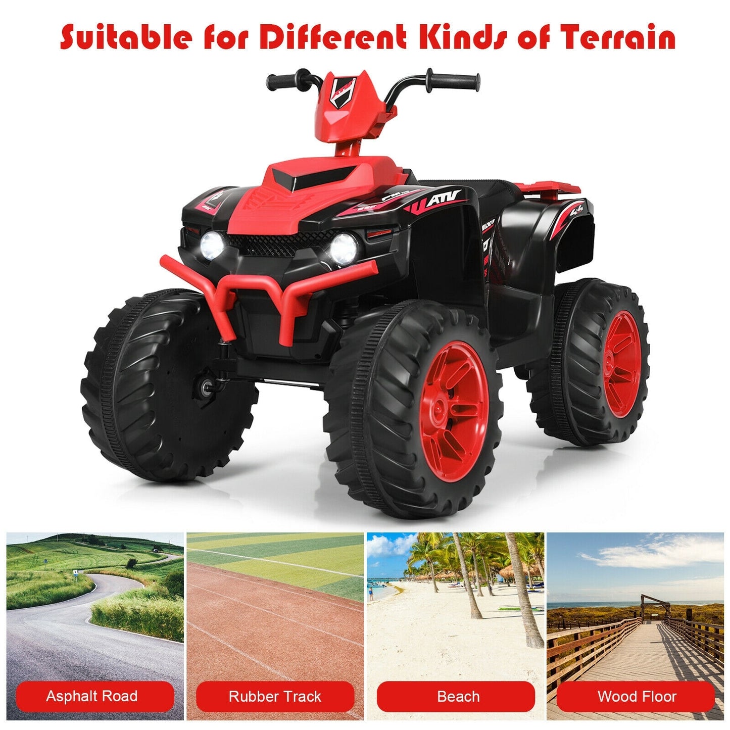 12V Kids Ride on ATV with LED Lights and Treaded Tires and LED lights-Red, FULLY ASSEMBLED