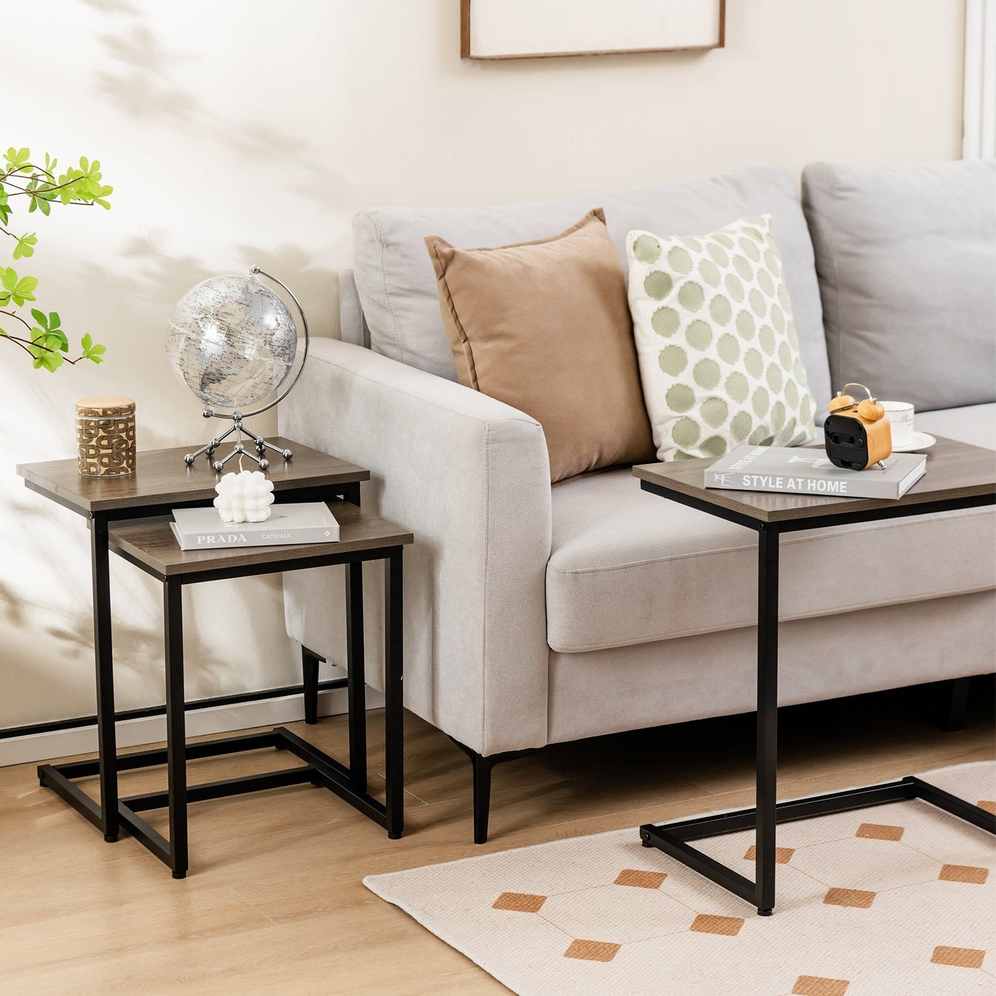 3 Pieces Multifunctional Coffee End Table Set-Oak