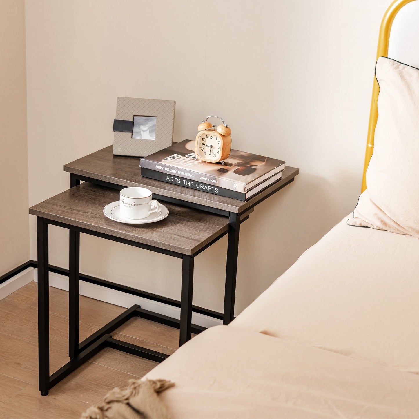 3 Pieces Multifunctional Coffee End Table Set-Oak