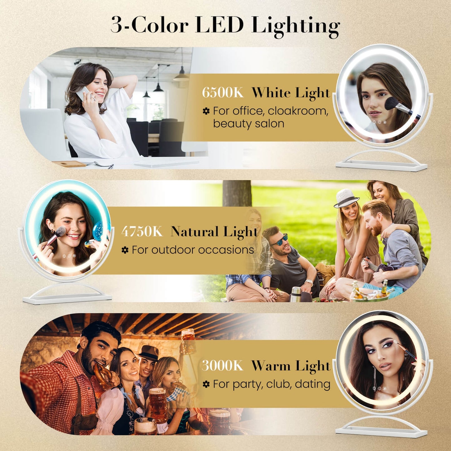 16 Inch Round Makeup Vanity Mirror with 3 Color Dimmable LED Lighting-White (Scratch and Dent)