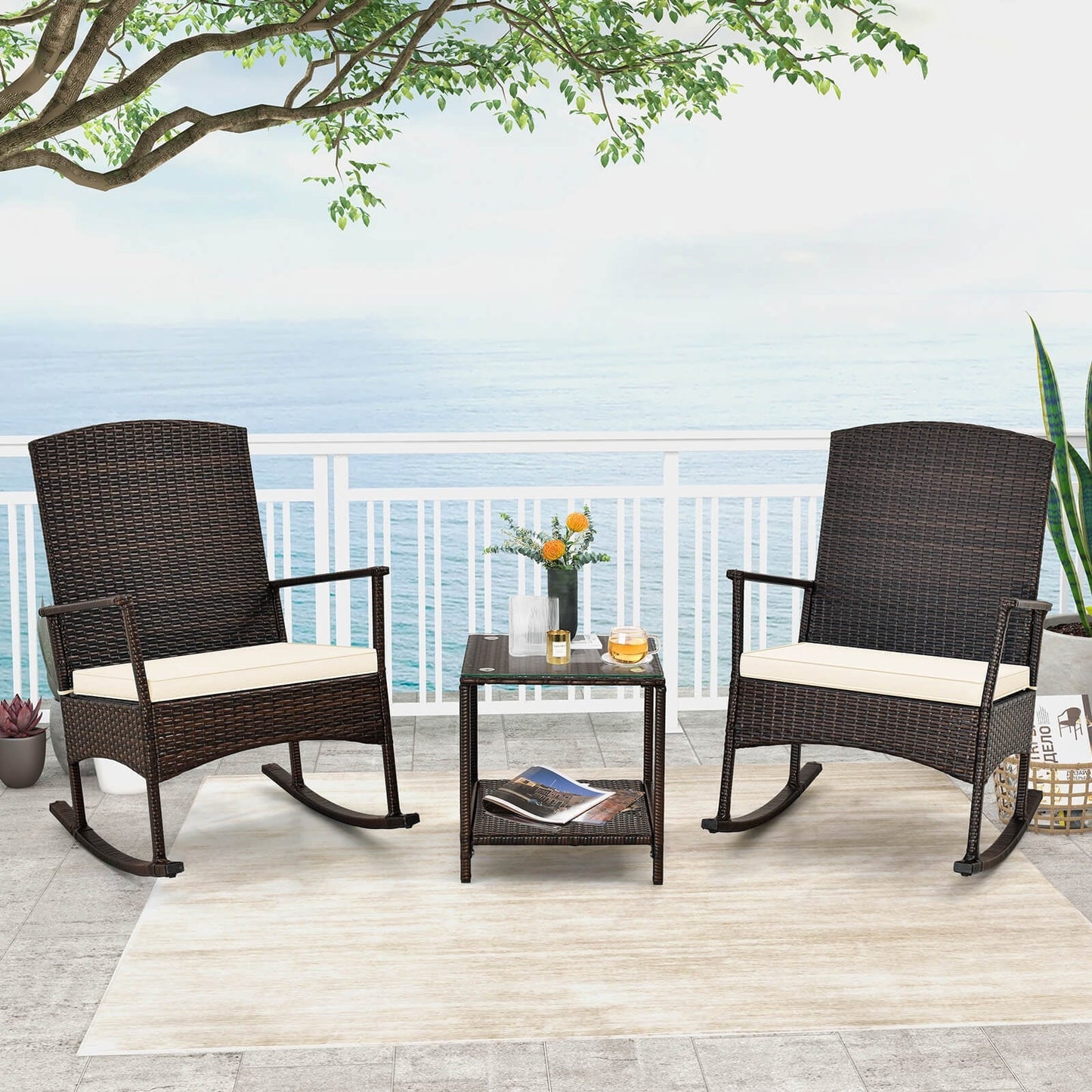 3 Piece Patio Rocking Set Wicker Rocking Chairs with 2-Tier Coffee Table-Off White - Assembled