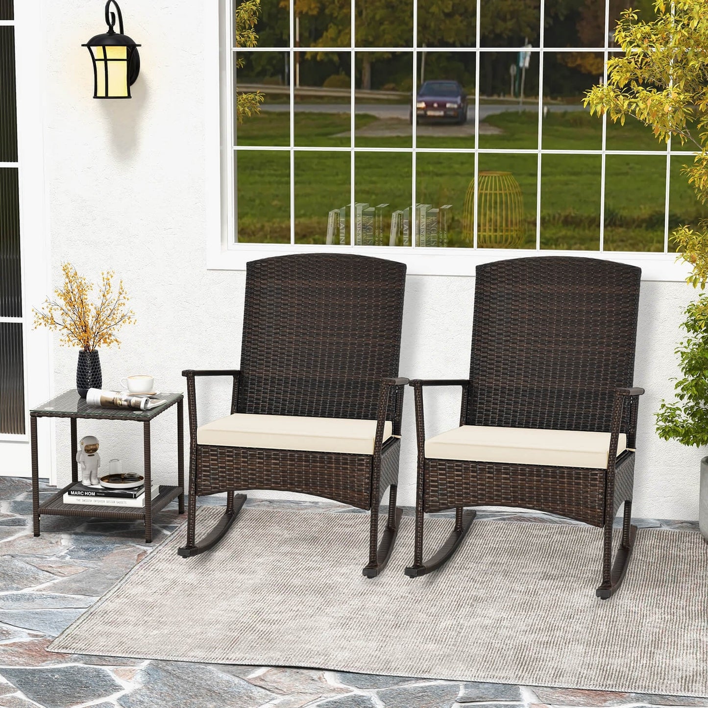 3 Piece Patio Rocking Set Wicker Rocking Chairs with 2-Tier Coffee Table-Off White - Assembled