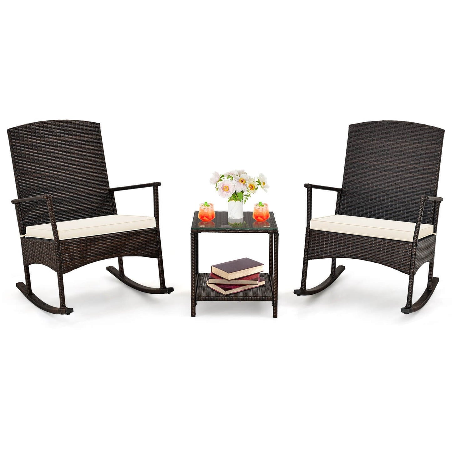 3 Piece Patio Rocking Set Wicker Rocking Chairs with 2-Tier Coffee Table-Off White - Assembled