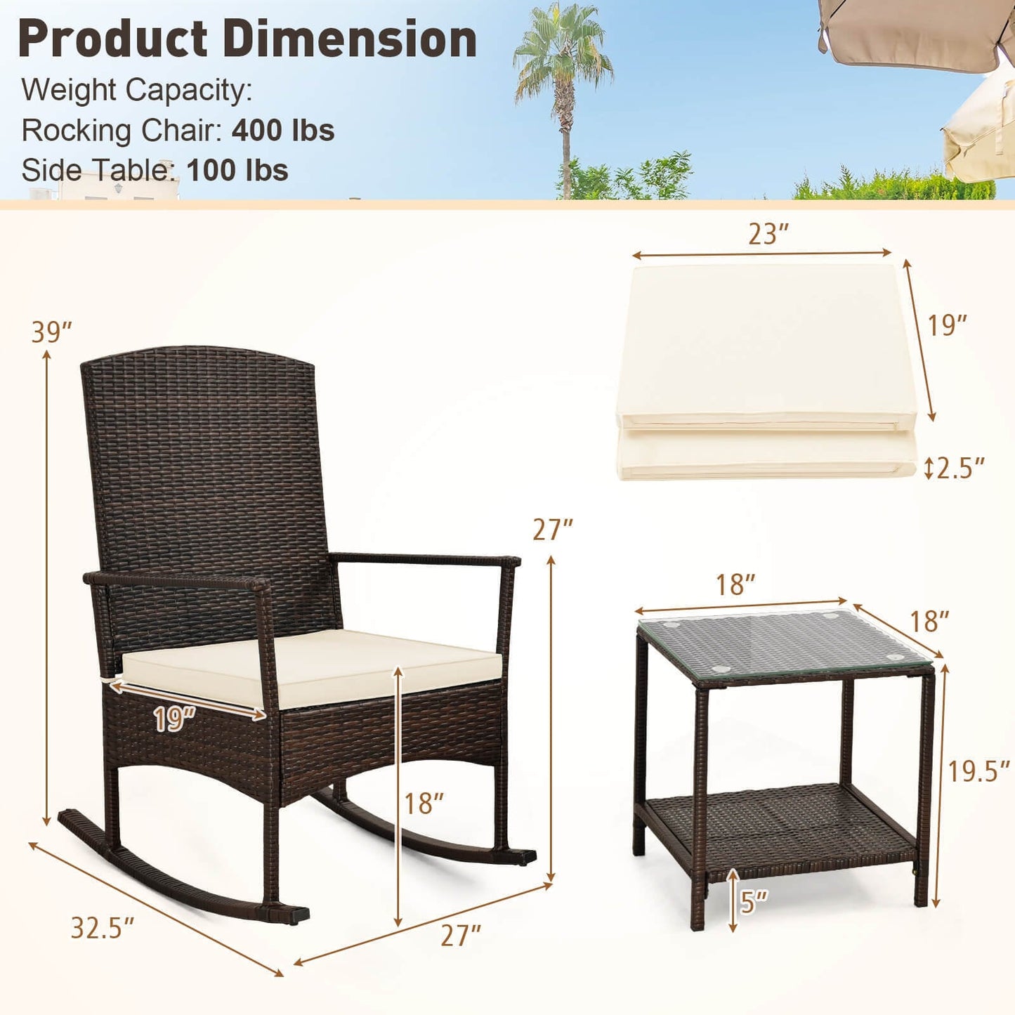 3 Piece Patio Rocking Set Wicker Rocking Chairs with 2-Tier Coffee Table-Off White - Assembled