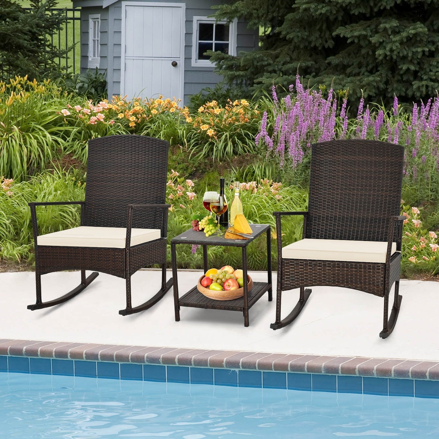 3 Piece Patio Rocking Set Wicker Rocking Chairs with 2-Tier Coffee Table-Off White - Assembled