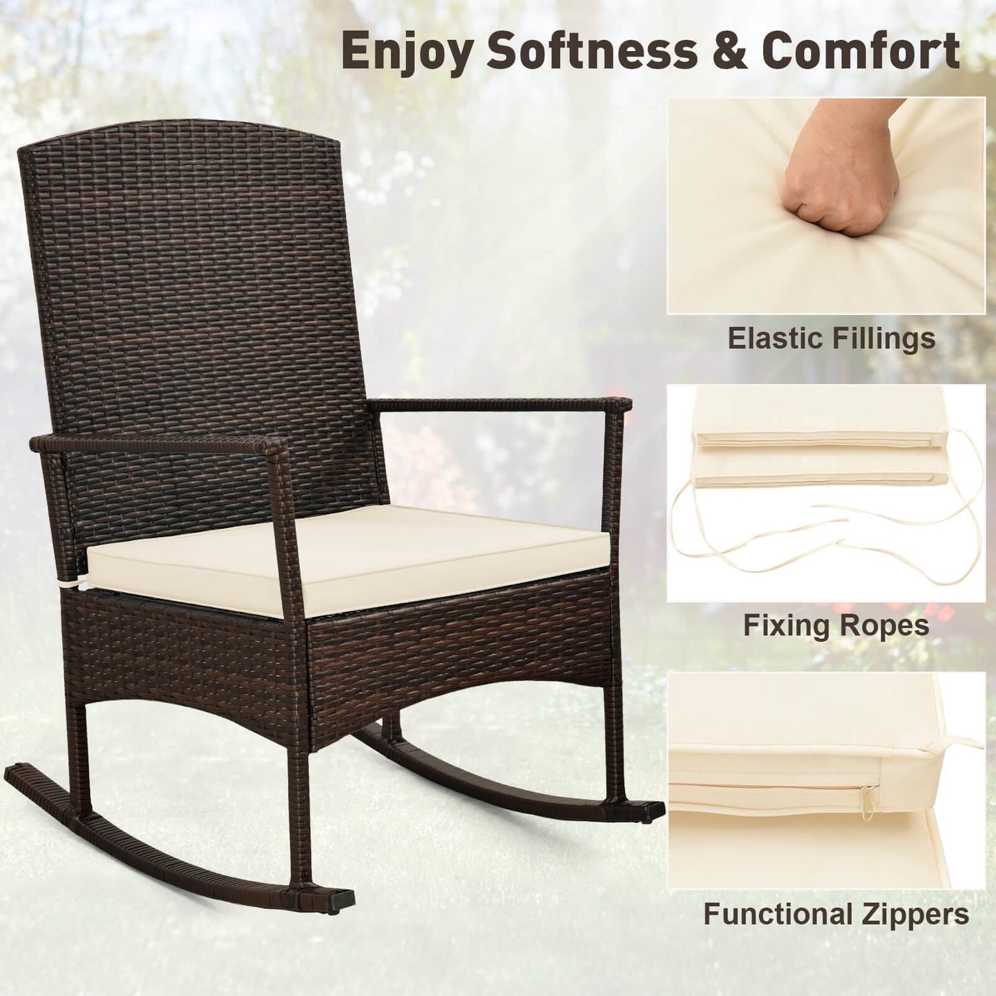 3 Piece Patio Rocking Set Wicker Rocking Chairs with 2-Tier Coffee Table-Off White - Assembled