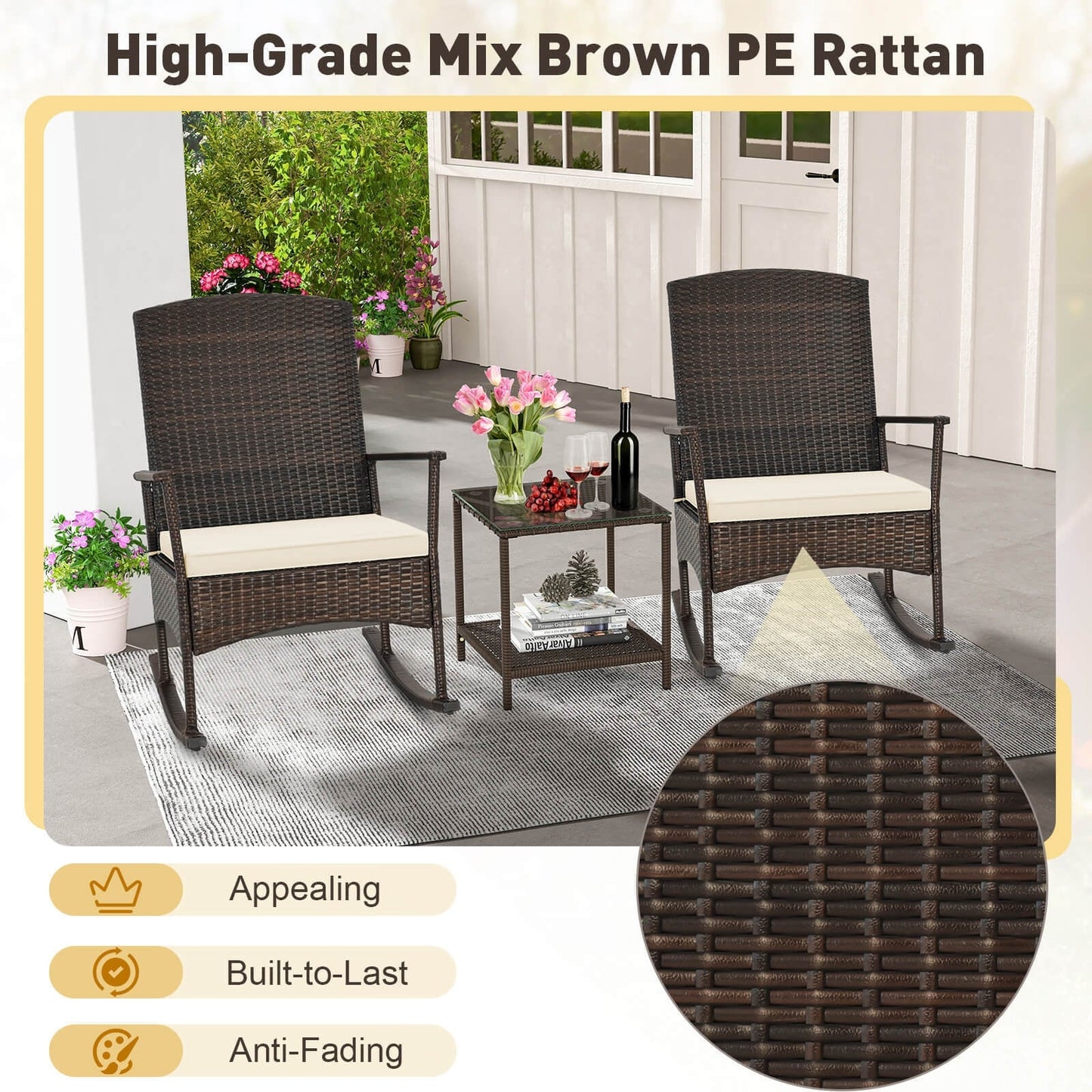 3 Piece Patio Rocking Set Wicker Rocking Chairs with 2-Tier Coffee Table-Off White - Assembled