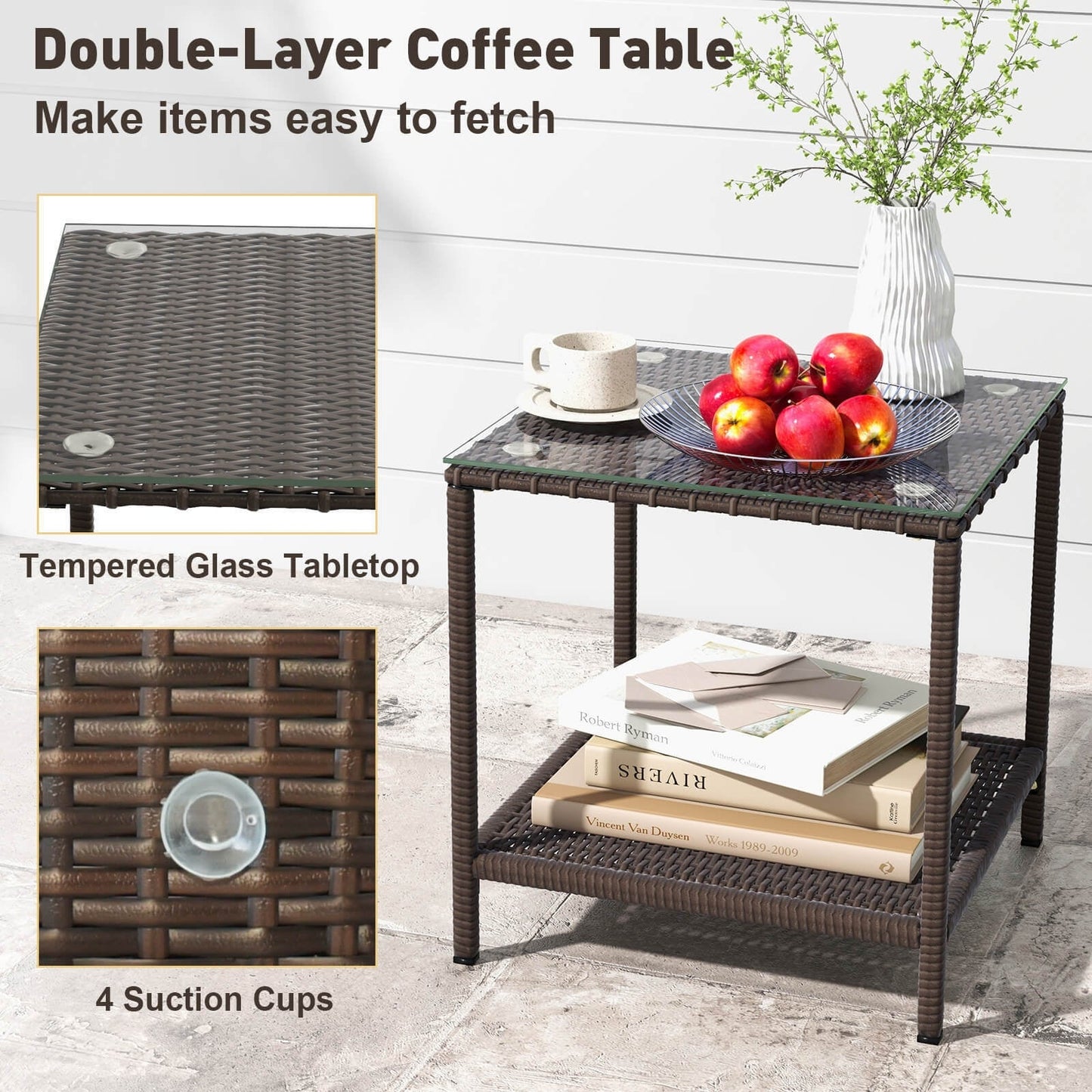 3 Piece Patio Rocking Set Wicker Rocking Chairs with 2-Tier Coffee Table-Off White - Assembled