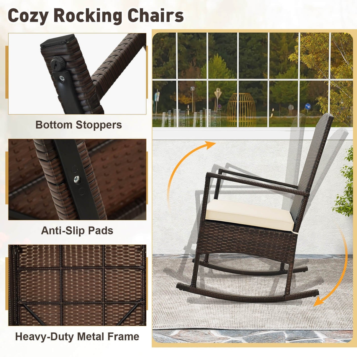 3 Piece Patio Rocking Set Wicker Rocking Chairs with 2-Tier Coffee Table-Off White - Assembled