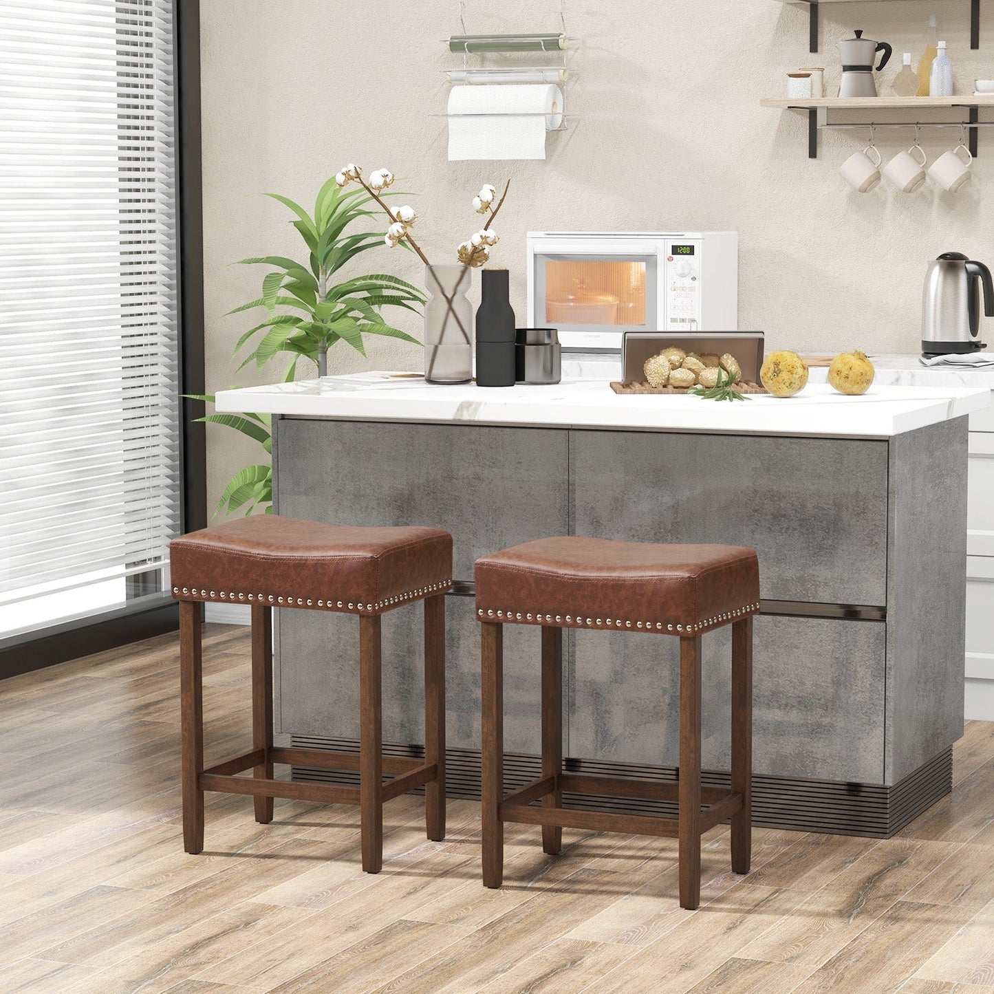 2 PIECE SET, 24 Inch Upholstered PU Leather Bar Stools Set of 2-Brown