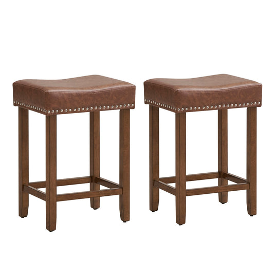 2 PIECE SET, 24 Inch Upholstered PU Leather Bar Stools Set of 2-Brown