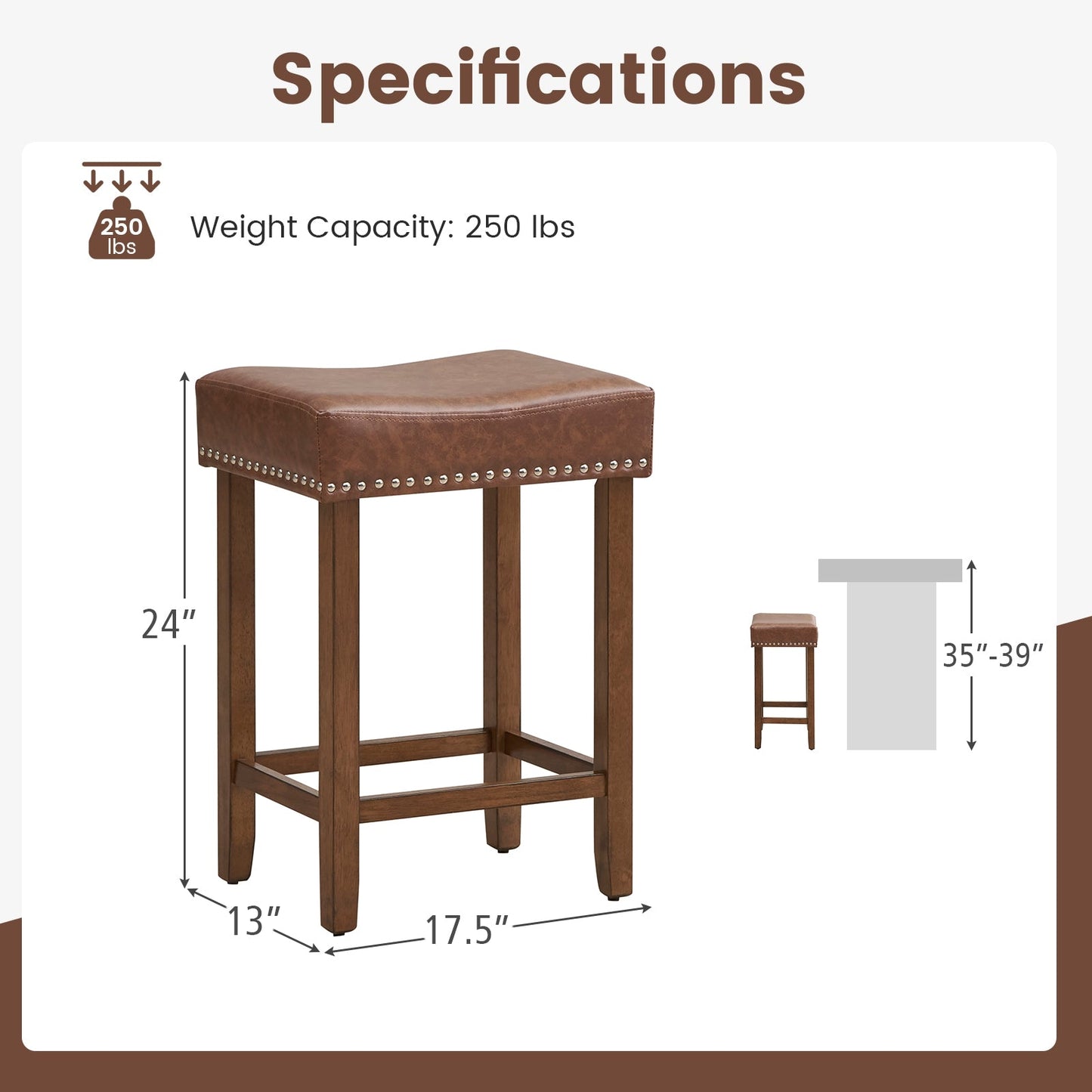 2 PIECE SET, 24 Inch Upholstered PU Leather Bar Stools Set of 2-Brown
