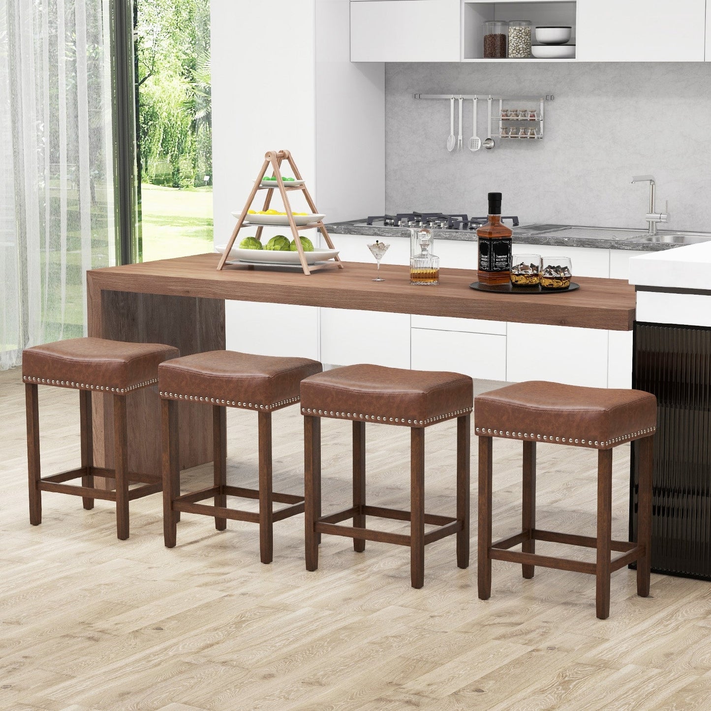 2 PIECE SET, 24 Inch Upholstered PU Leather Bar Stools Set of 2-Brown