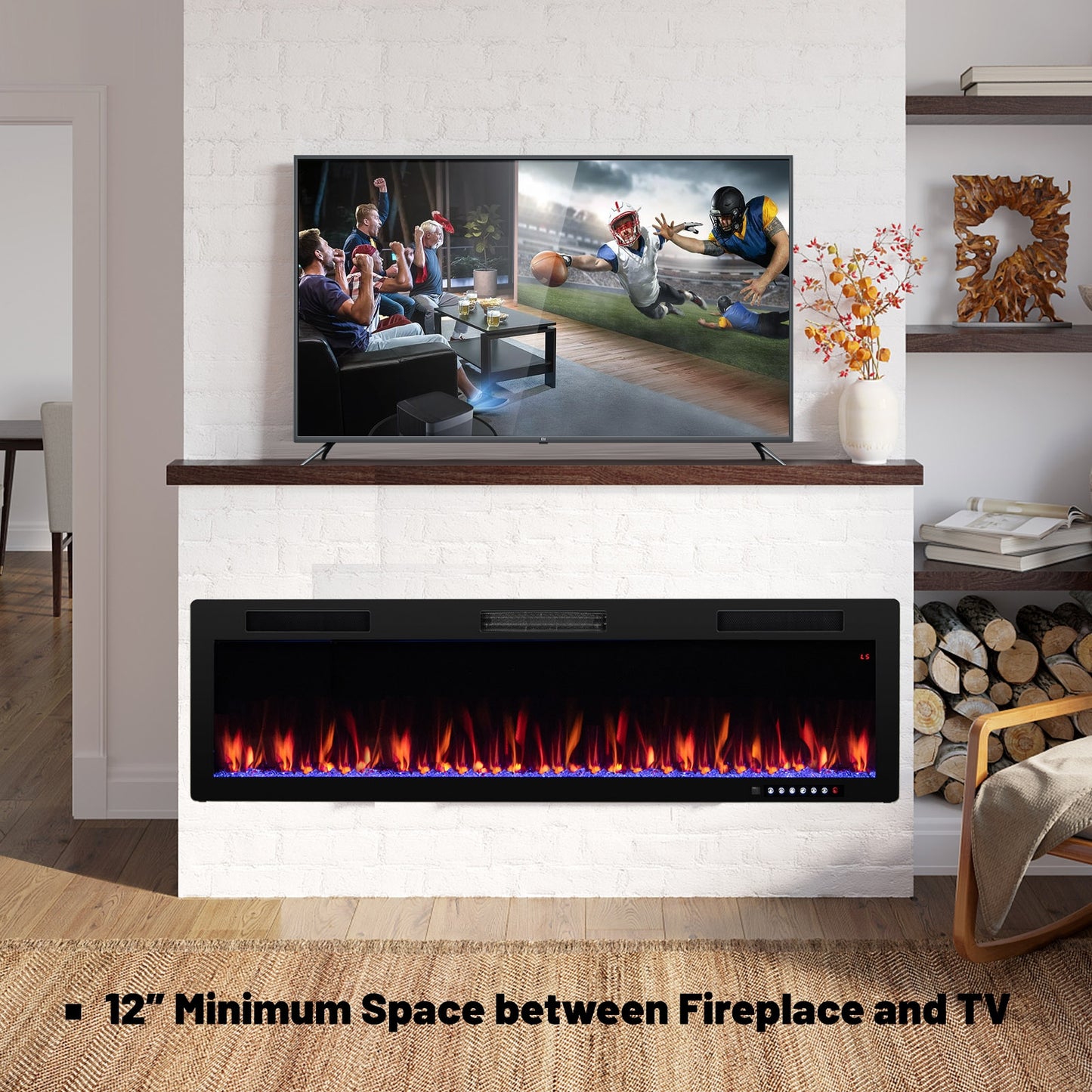 Electric Fireplace 60 Inches Recessed and Wall Mounted with cleat mount-60 inches