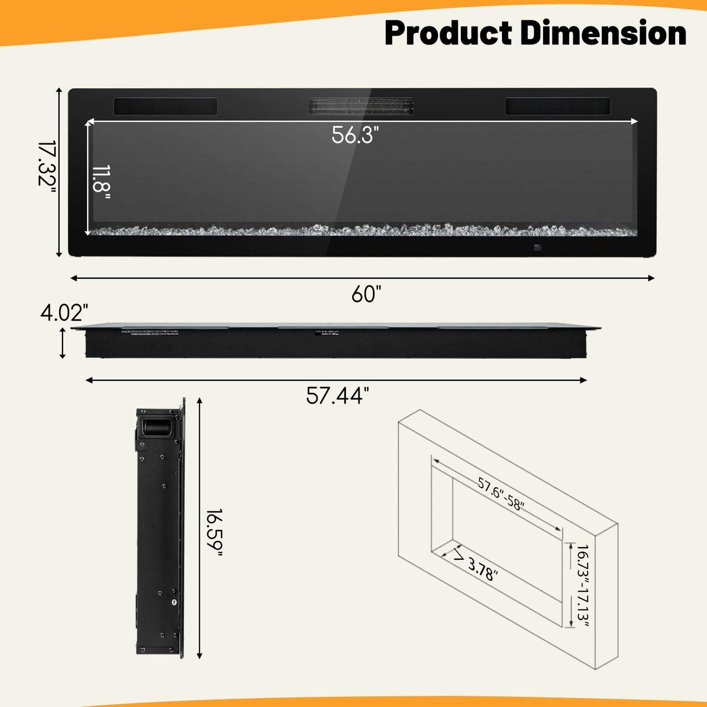 Electric Fireplace 60 Inches Recessed and Wall Mounted with cleat mount-60 inches