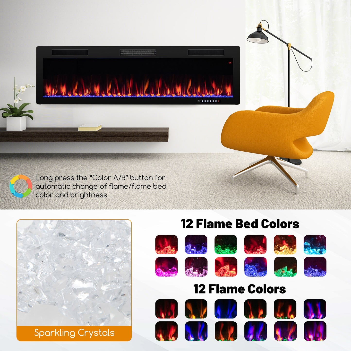 Electric Fireplace 60 Inches Recessed and Wall Mounted with cleat mount-60 inches