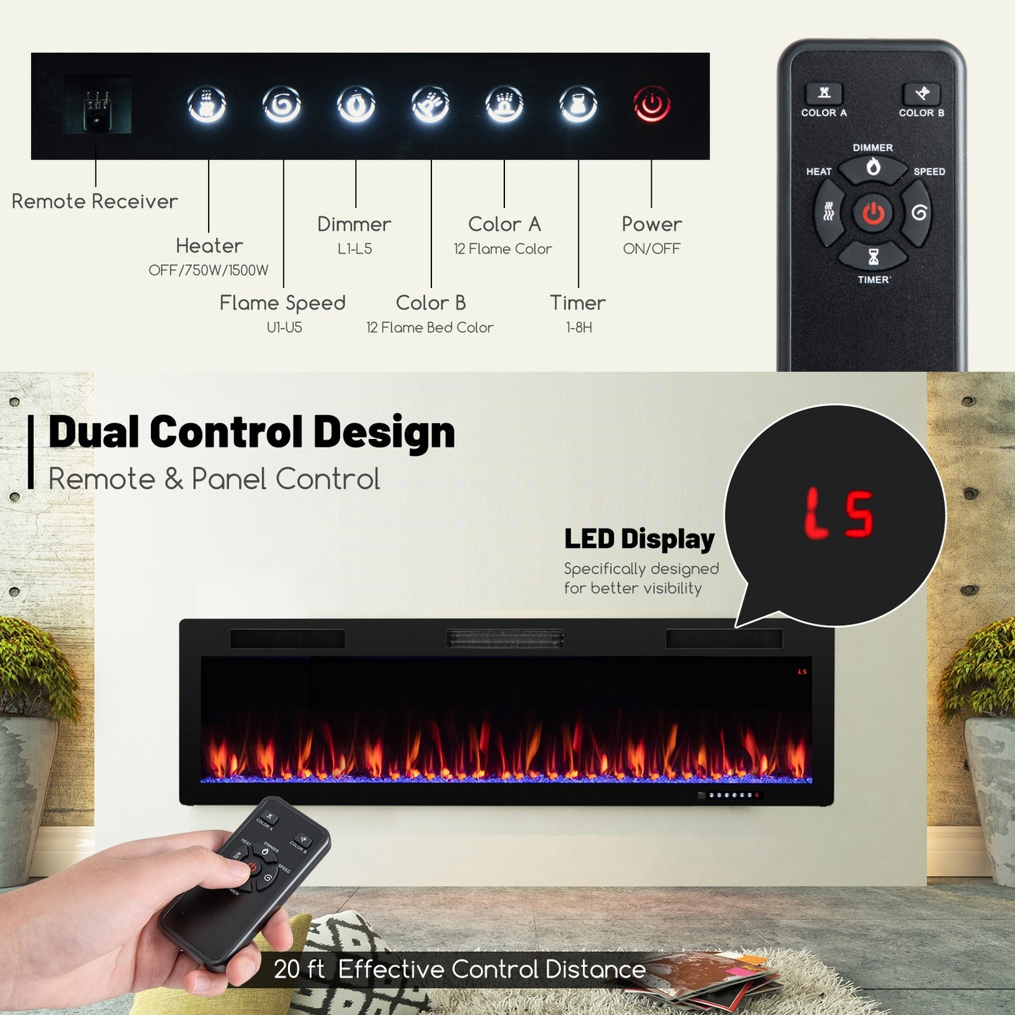 Electric Fireplace 60 Inches Recessed and Wall Mounted with cleat mount-60 inches