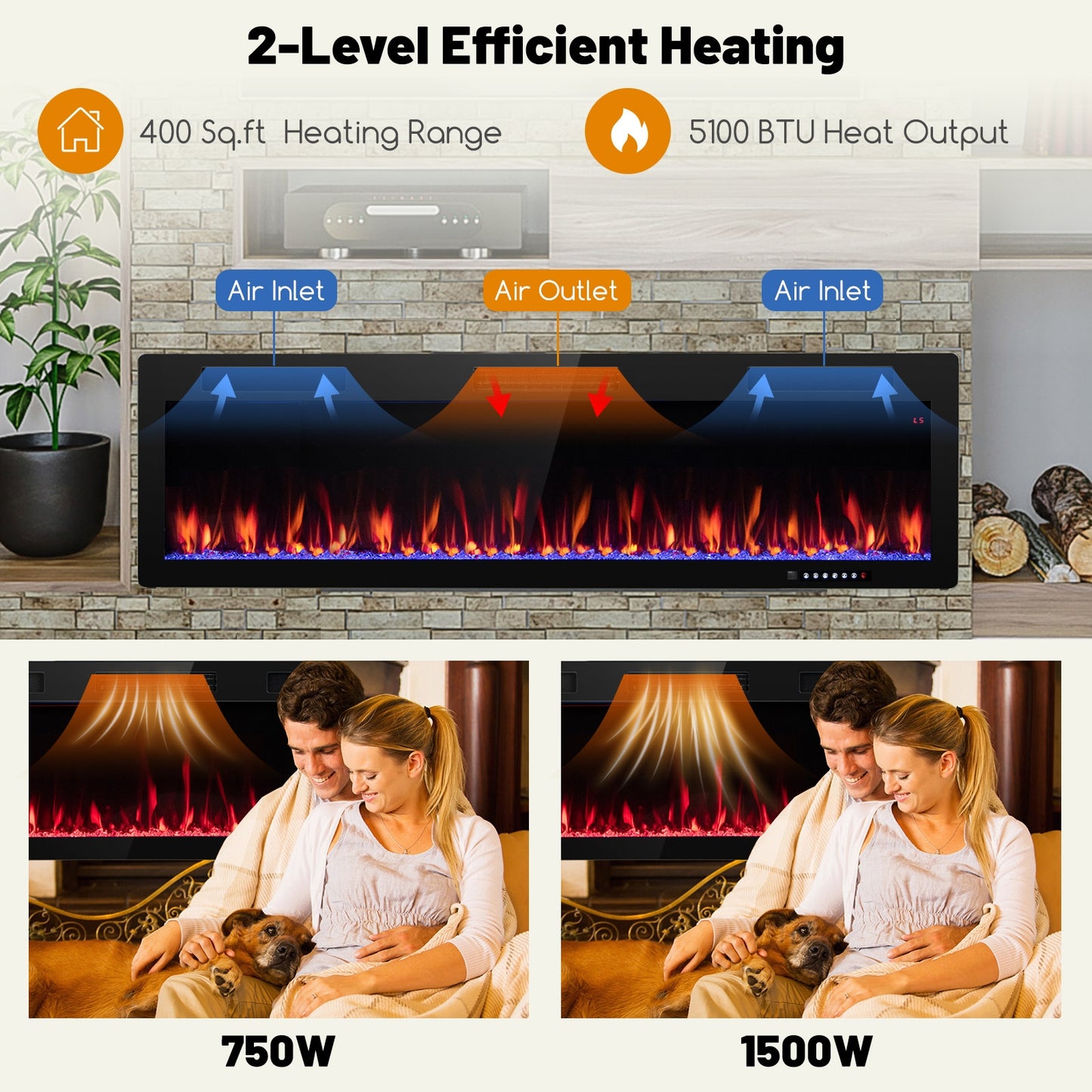 Electric Fireplace 60 Inches Recessed and Wall Mounted with cleat mount-60 inches