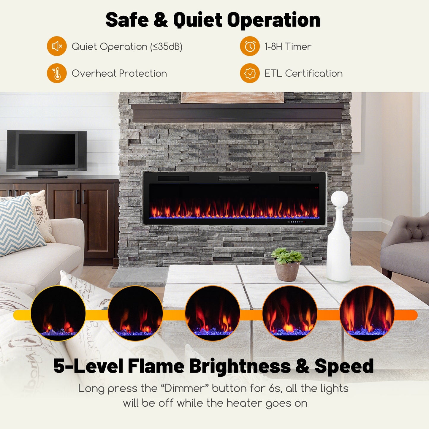 Electric Fireplace 60 Inches Recessed and Wall Mounted with cleat mount-60 inches