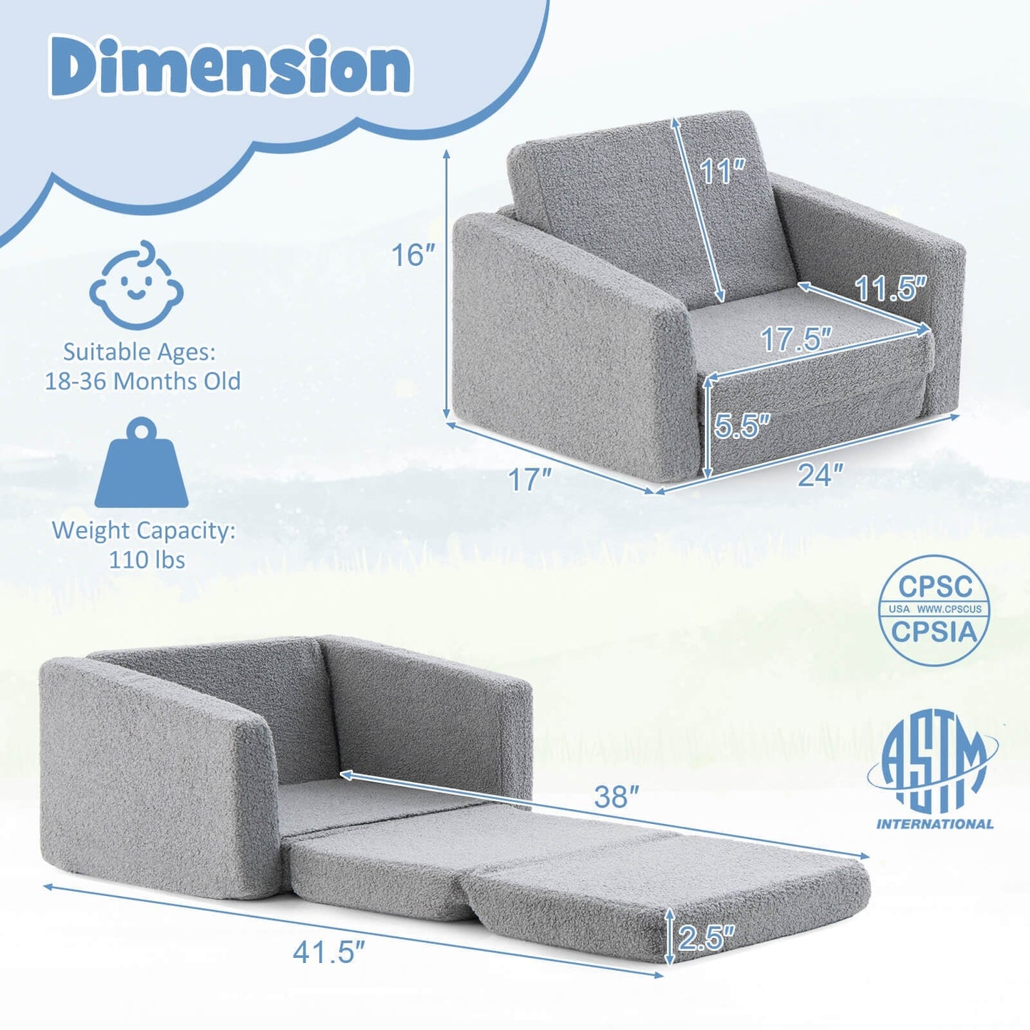 2-in-1 Toddler Fold out Couch, Grey