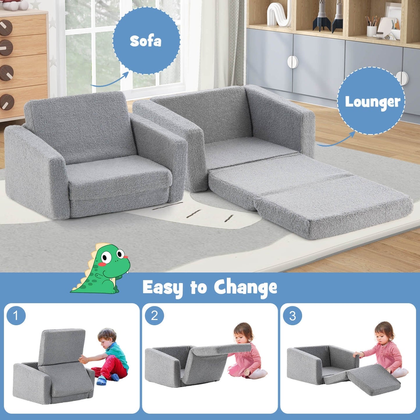 2-in-1 Toddler Fold out Couch, Grey