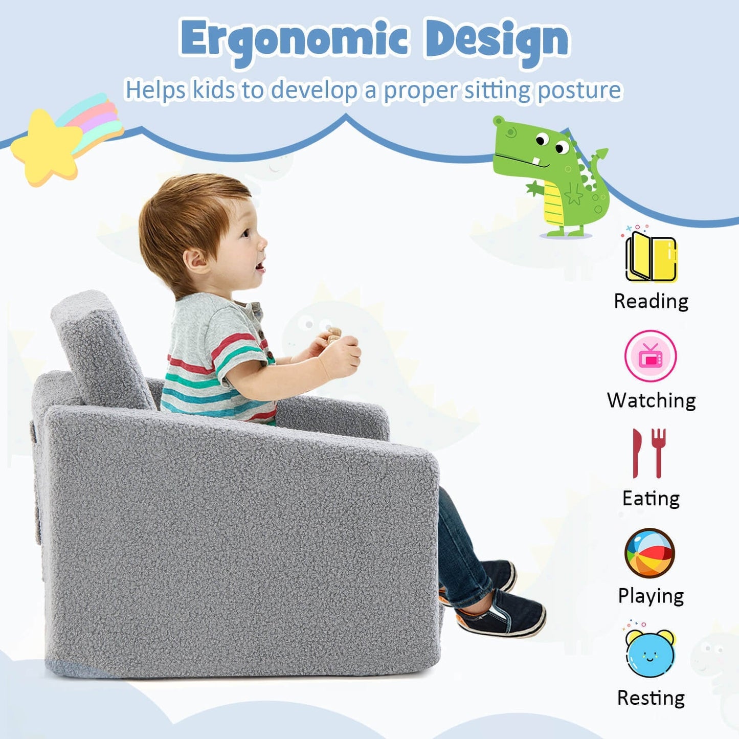 2-in-1 Toddler Fold out Couch, Grey
