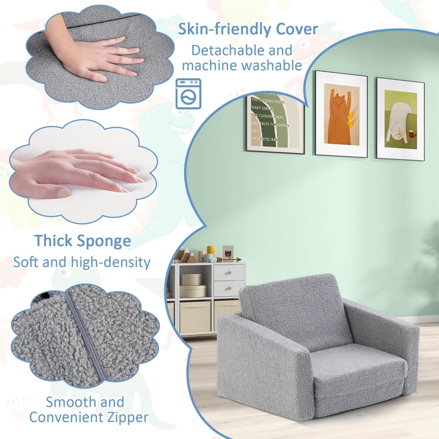 2-in-1 Toddler Fold out Couch, Grey
