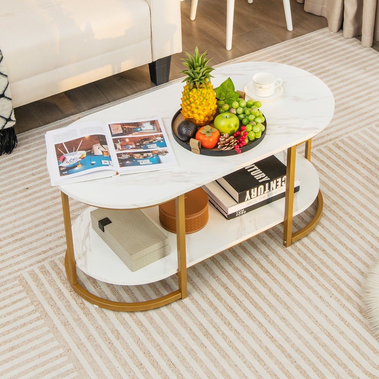 Marble Coffee Table with Open Storage Shelf-White - Fully Assembled