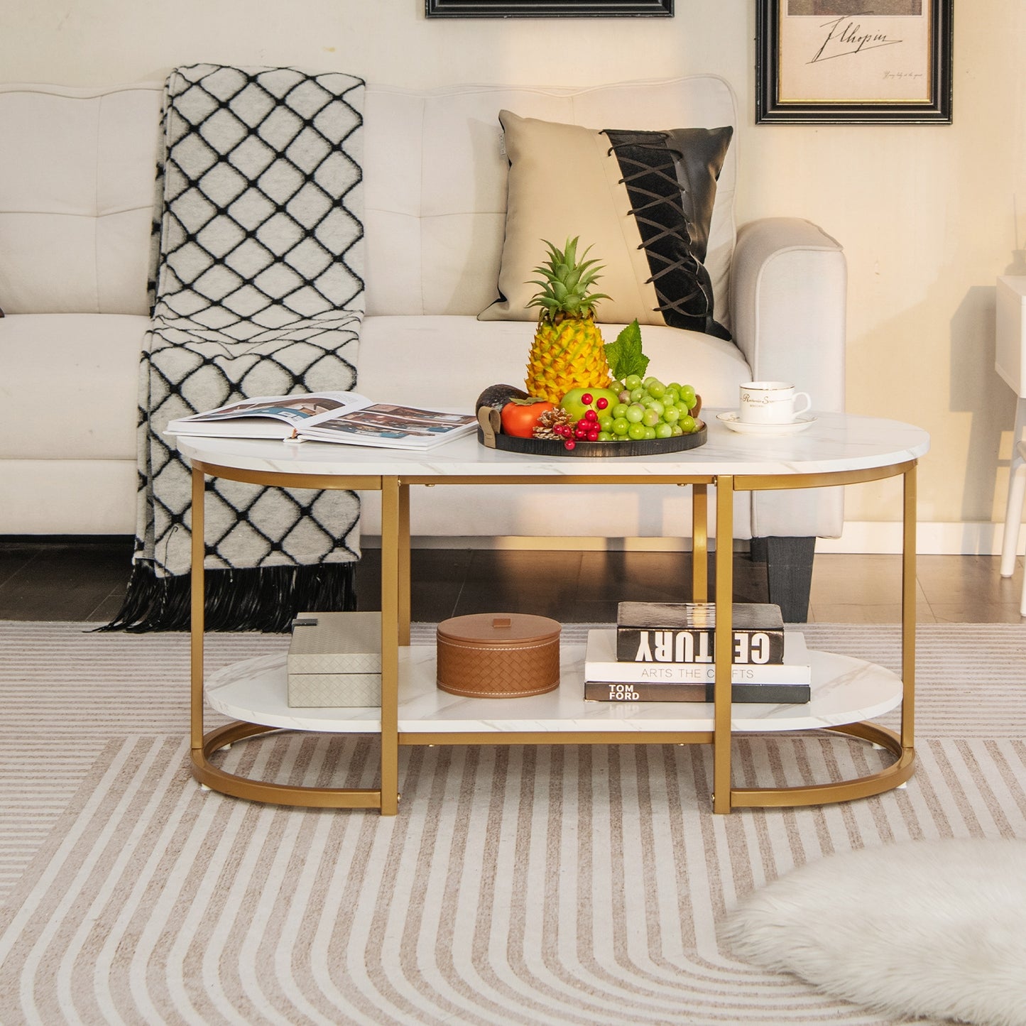 Marble Coffee Table with Open Storage Shelf-White - Fully Assembled