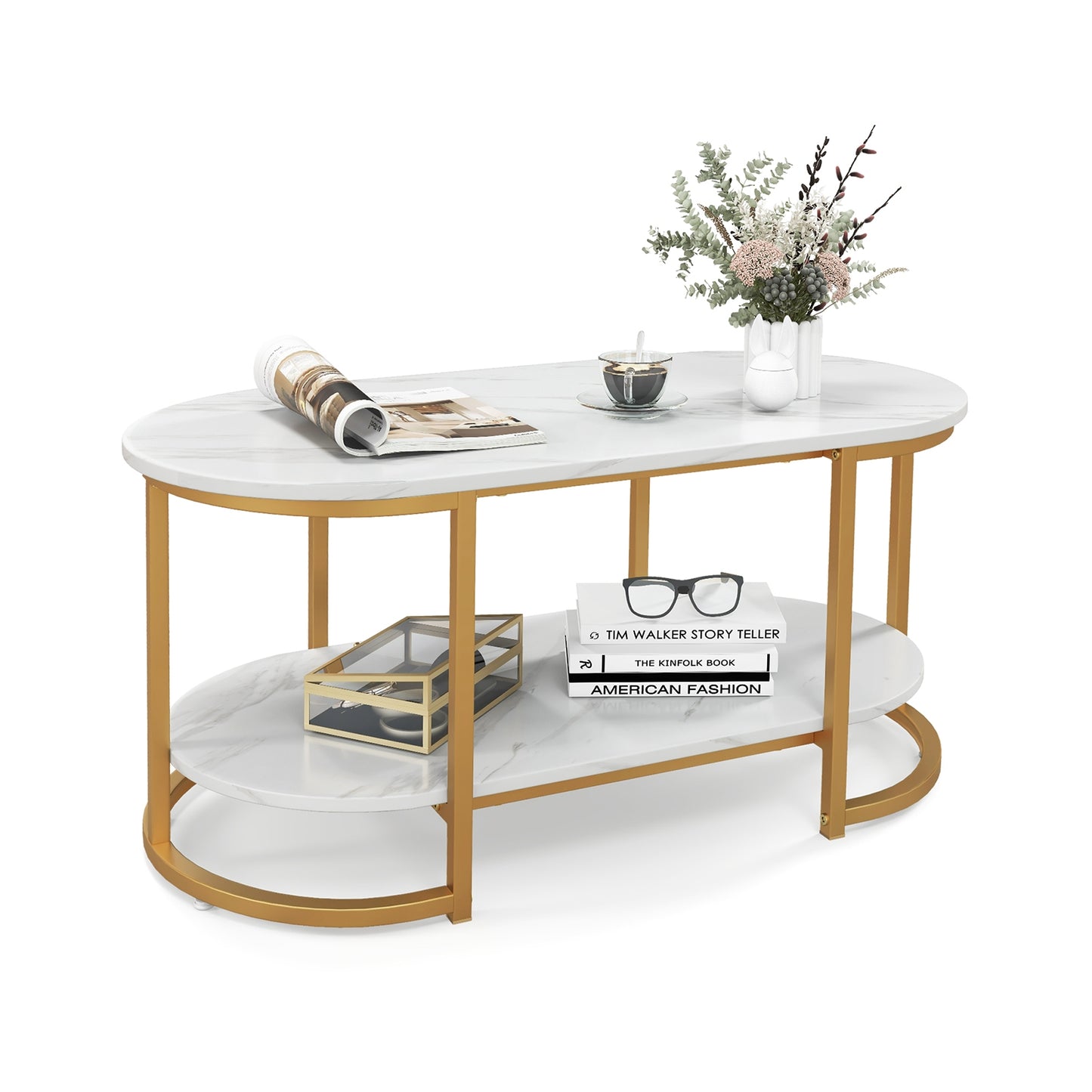 Marble Coffee Table with Open Storage Shelf-White - Fully Assembled