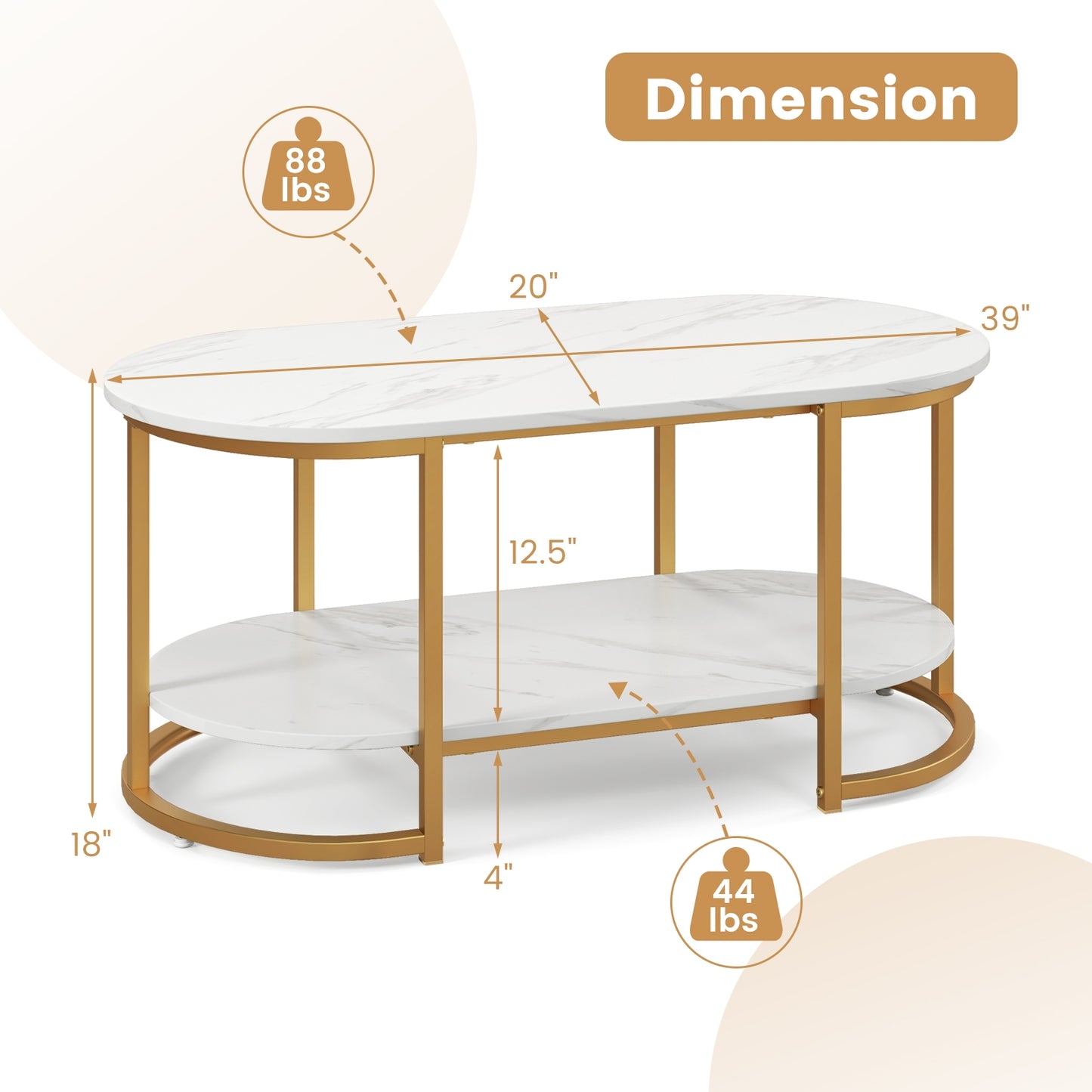 Marble Coffee Table with Open Storage Shelf-White - Fully Assembled