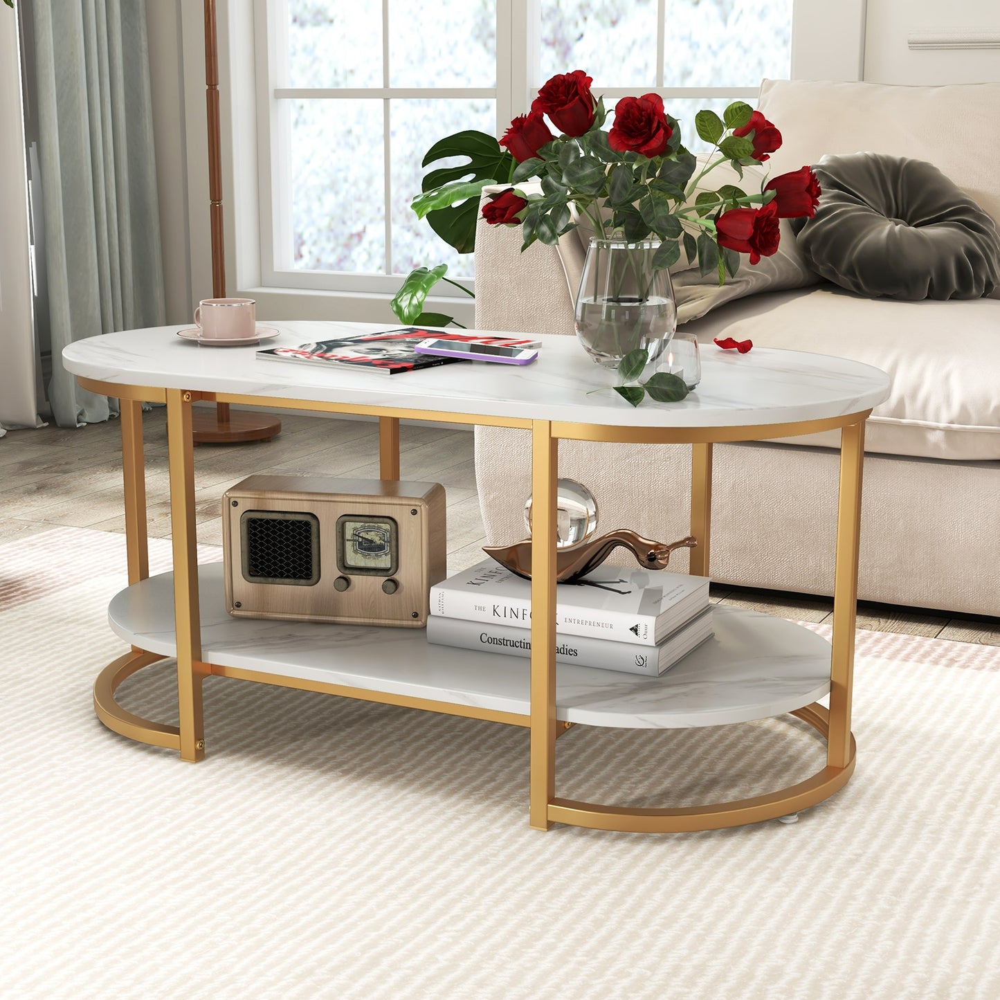 Marble Coffee Table with Open Storage Shelf-White - Fully Assembled