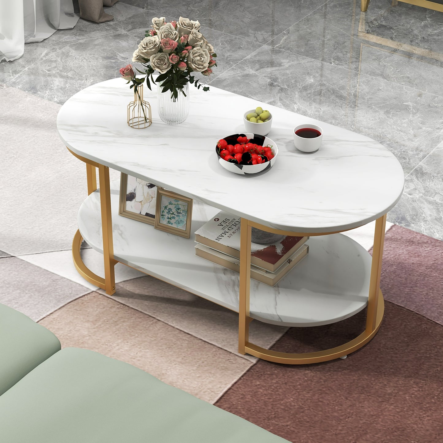 Marble Coffee Table with Open Storage Shelf-White - Fully Assembled