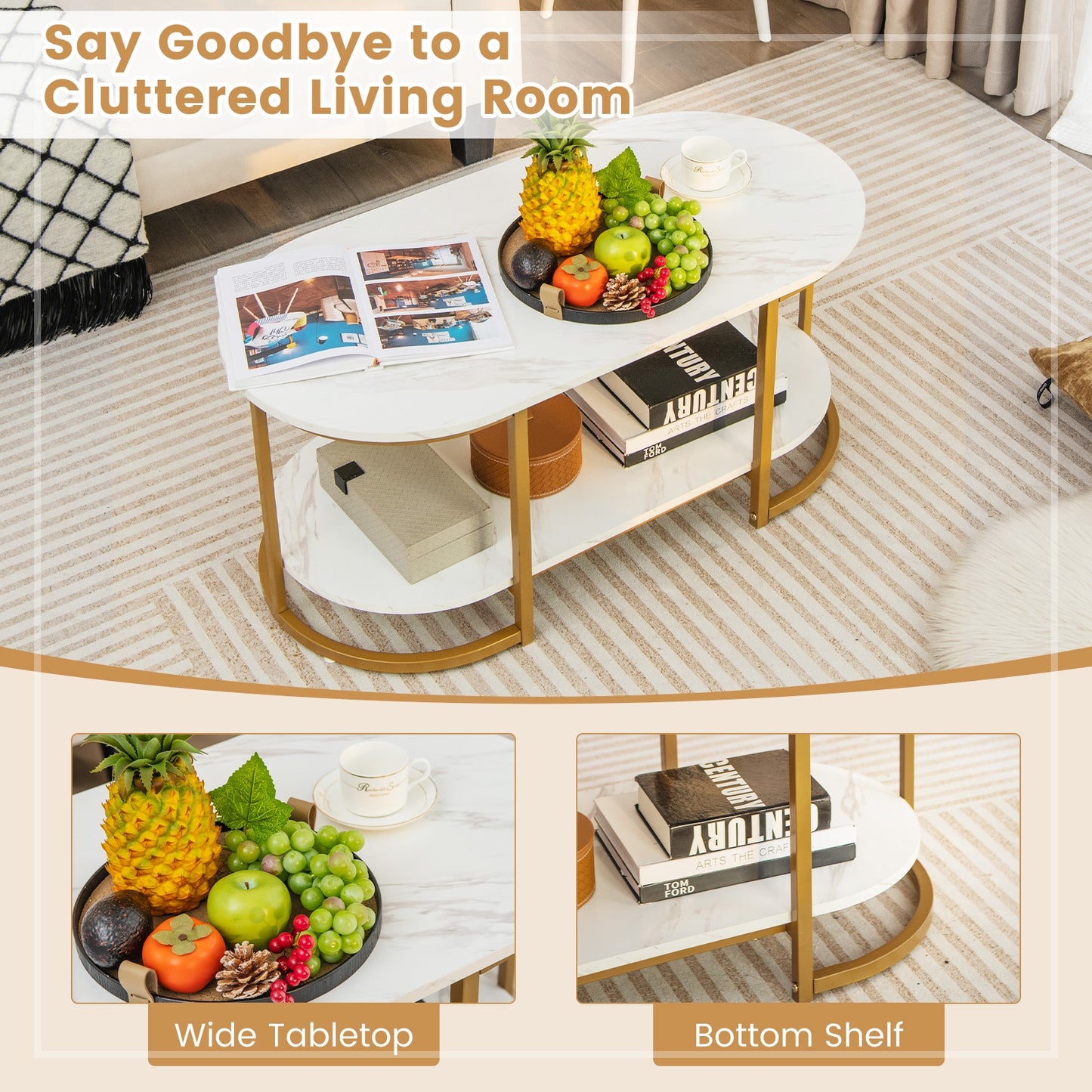 Marble Coffee Table with Open Storage Shelf-White - Fully Assembled