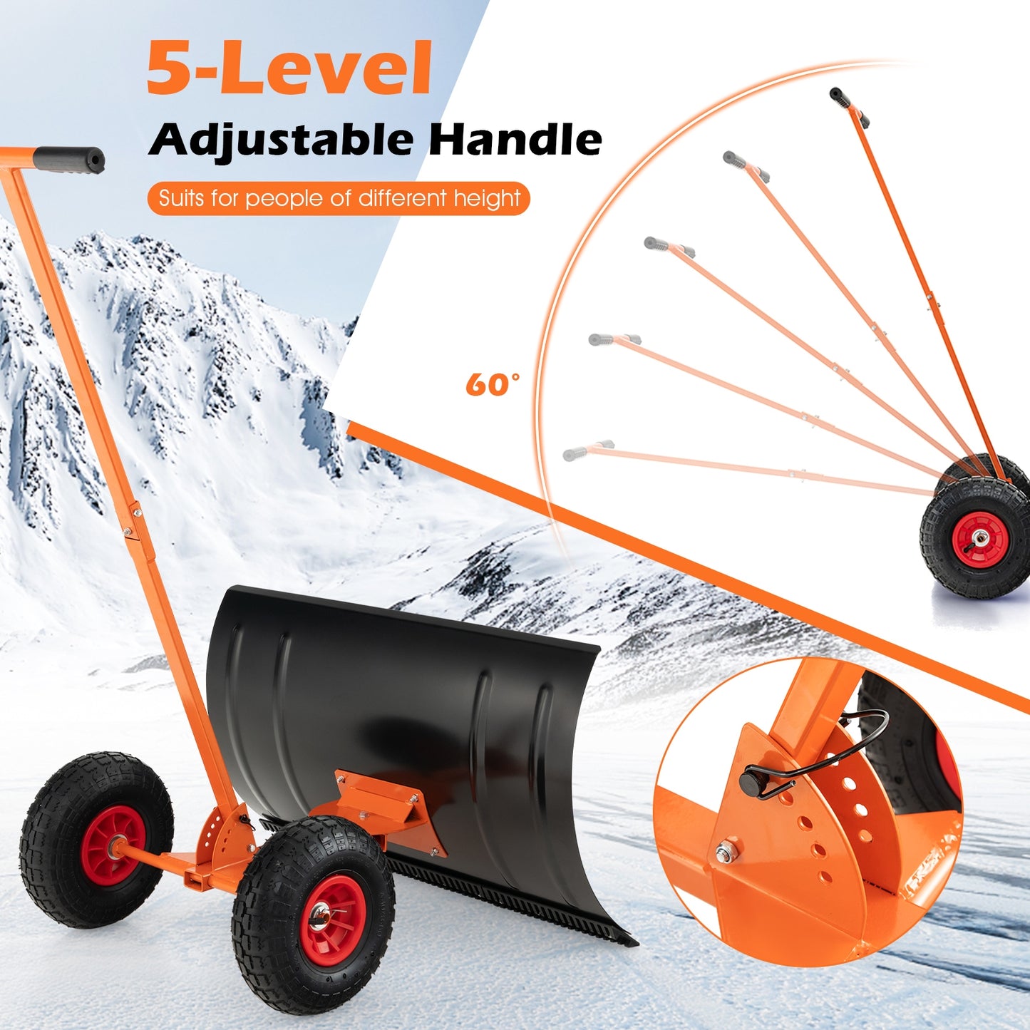 29 Inches Snow Pusher for Driveway-Orange (Assembled)