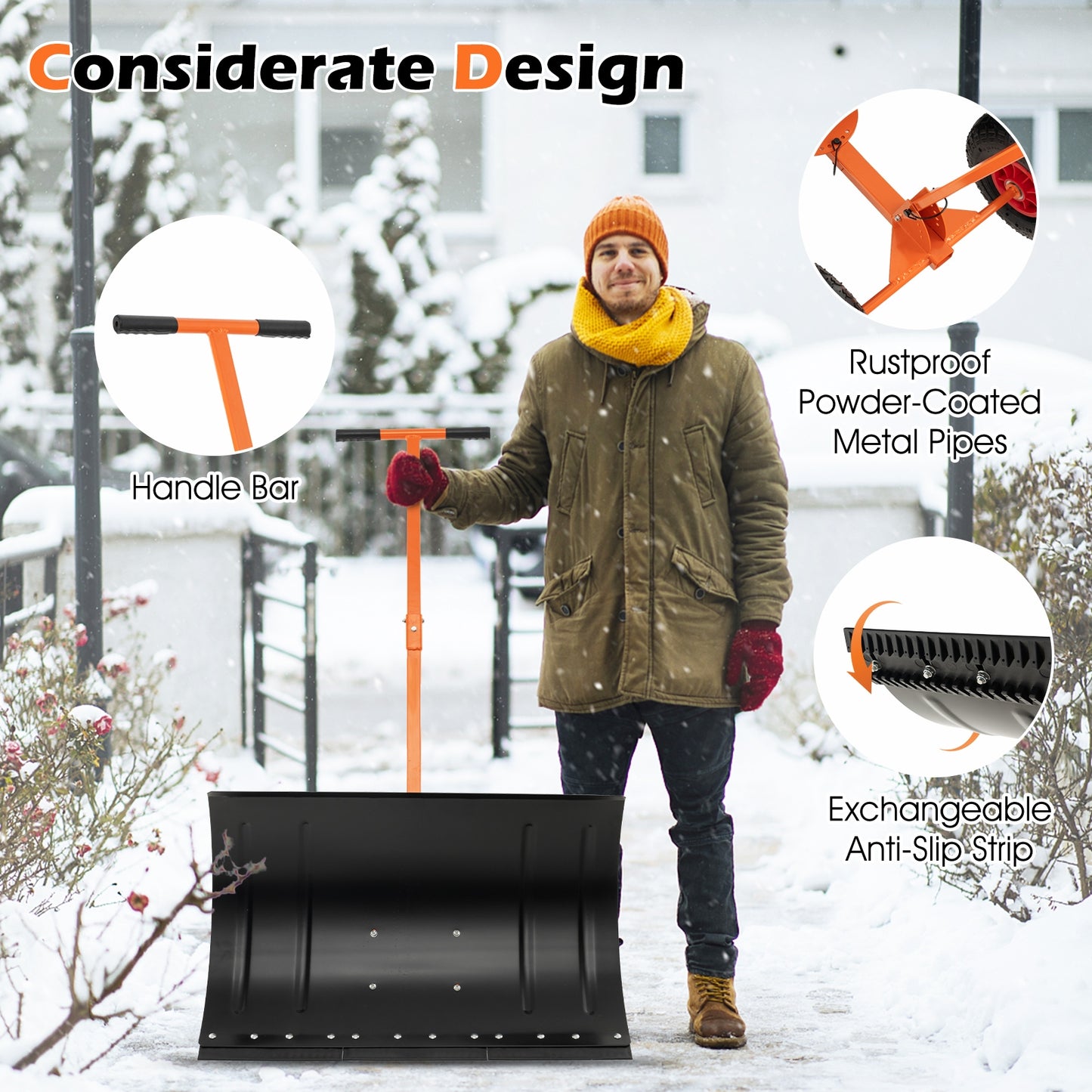 29 Inches Snow Pusher for Driveway-Orange (Assembled)