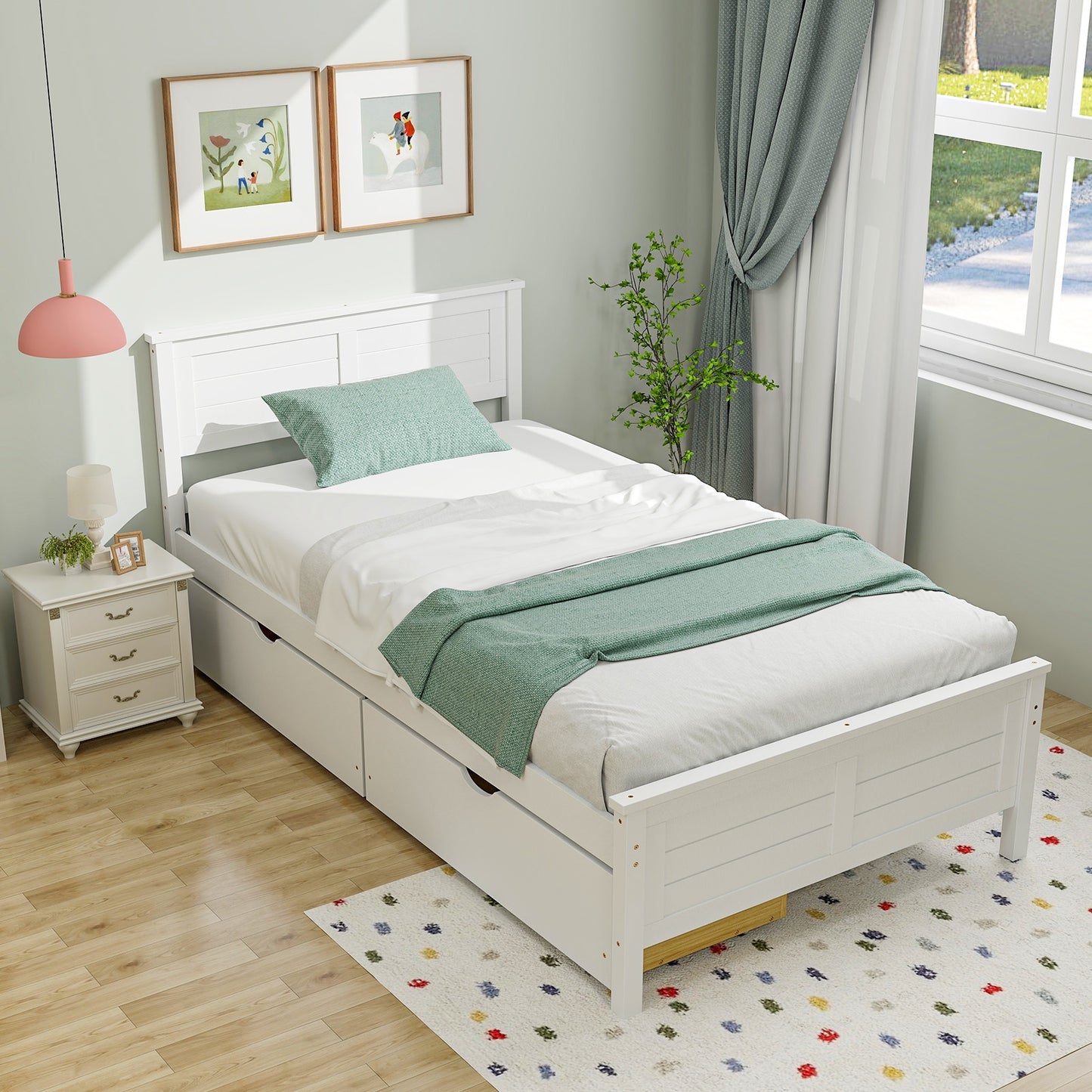 SPECIAL - Twin Size Bed Frame with Storage Drawers-White (1 Box, unassembled)
