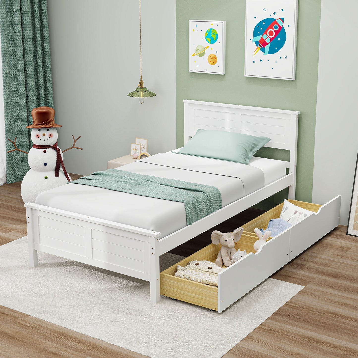SPECIAL - Twin Size Bed Frame with Storage Drawers-White (1 Box, unassembled)