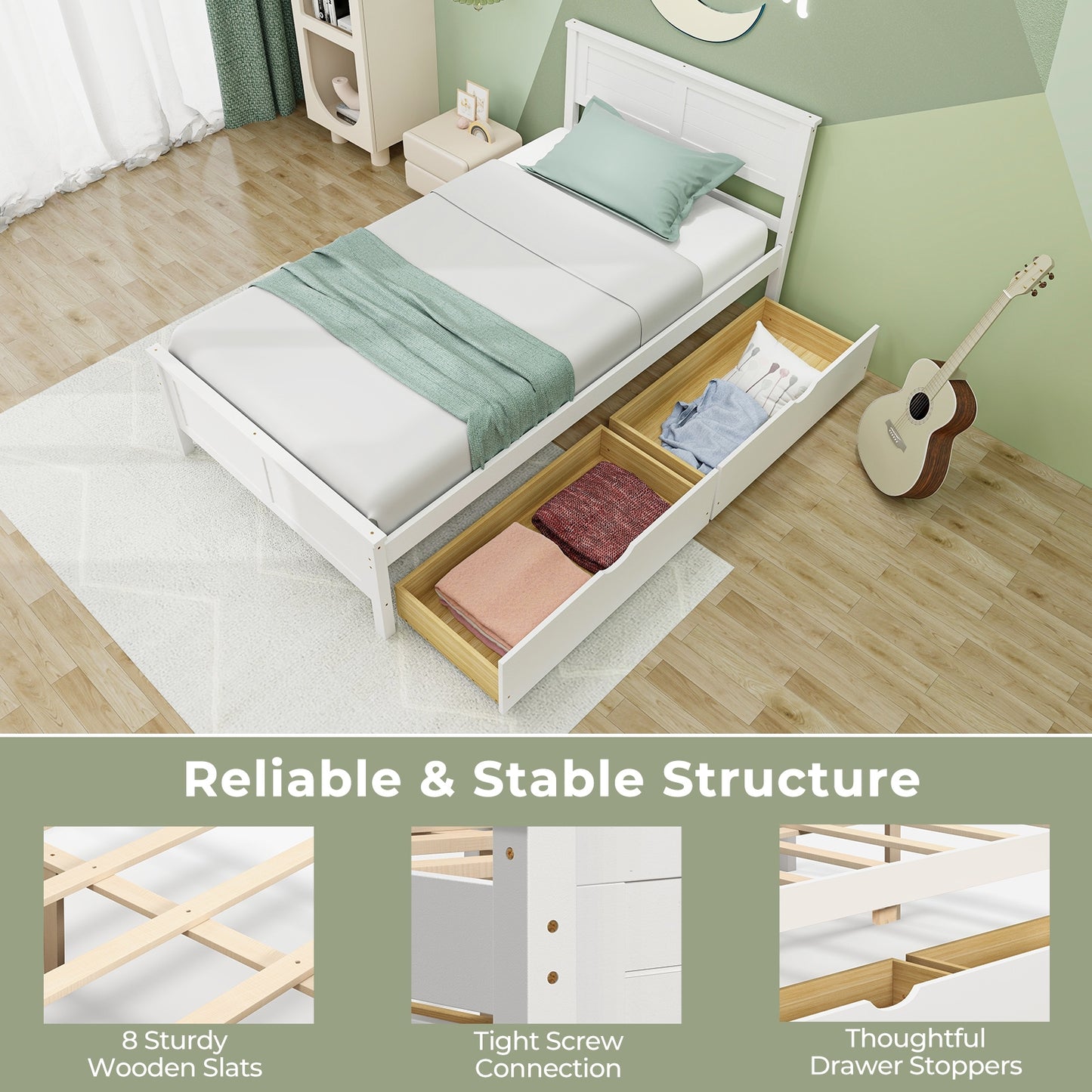SPECIAL - Twin Size Bed Frame with Storage Drawers-White (1 Box, unassembled)