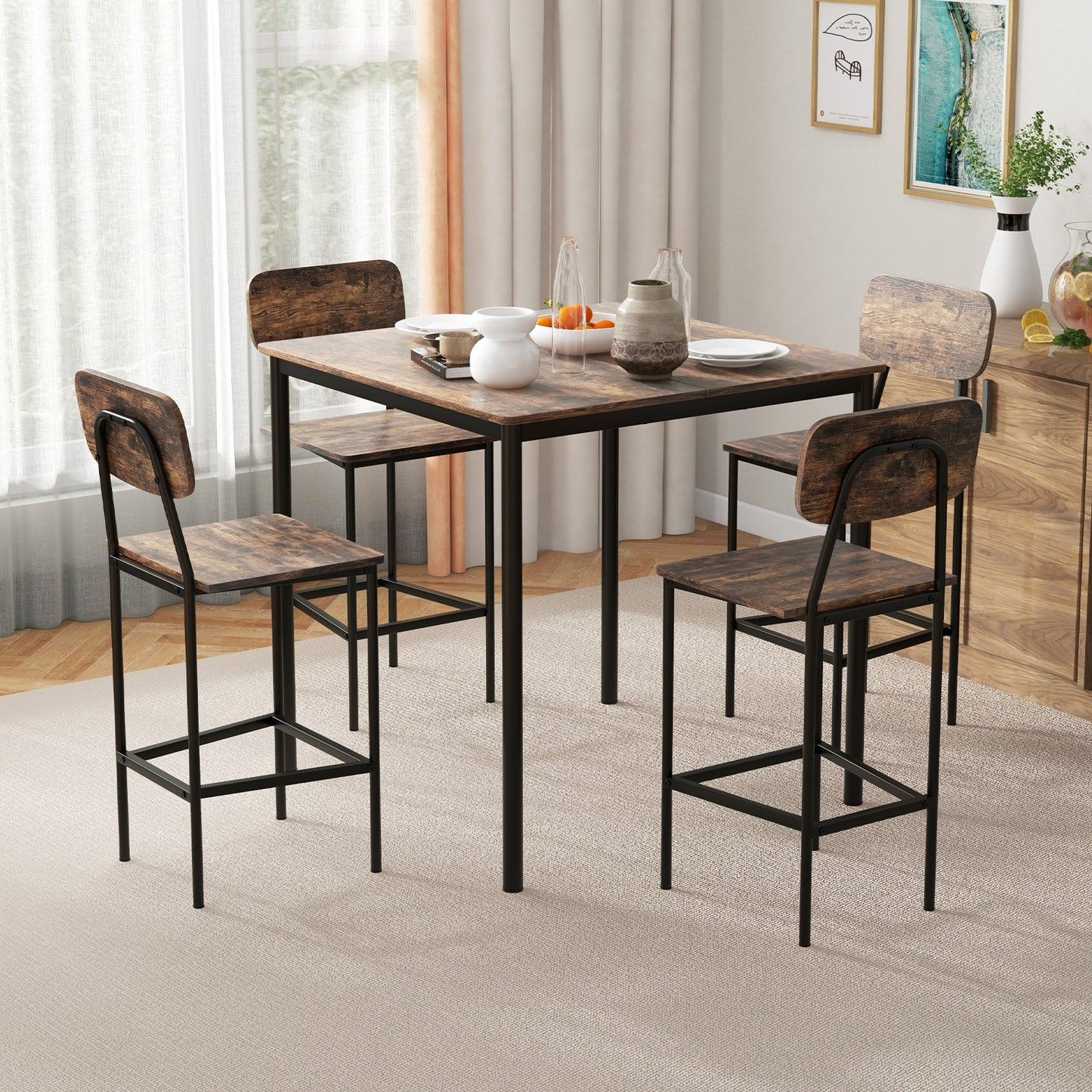 5 Pieces Industrial Dining Table Set with Counter Height Table and 4 Bar Stools-Coffee, FULLY ASSEMBLED